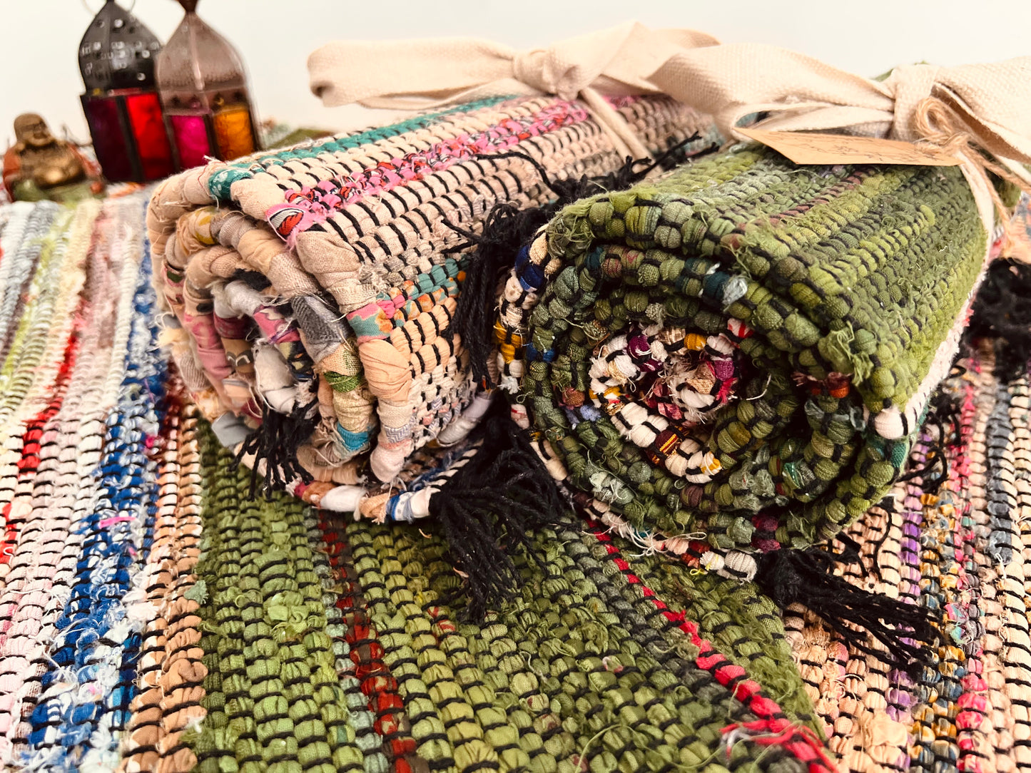 Handmade Fair Trade Ethically Sourced Bohemian Green Natural Rag Rug Tassels Runner Mat