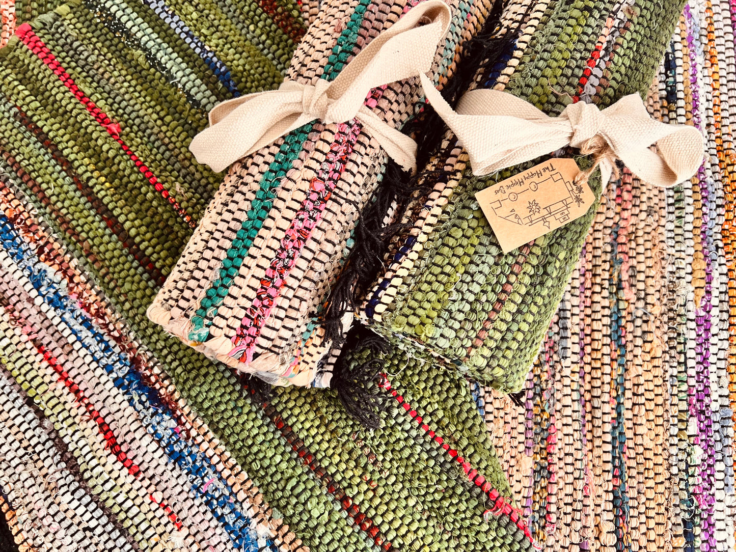 Handmade Fair Trade Ethically Sourced Bohemian Green Natural Rag Rug Tassels Runner Mat