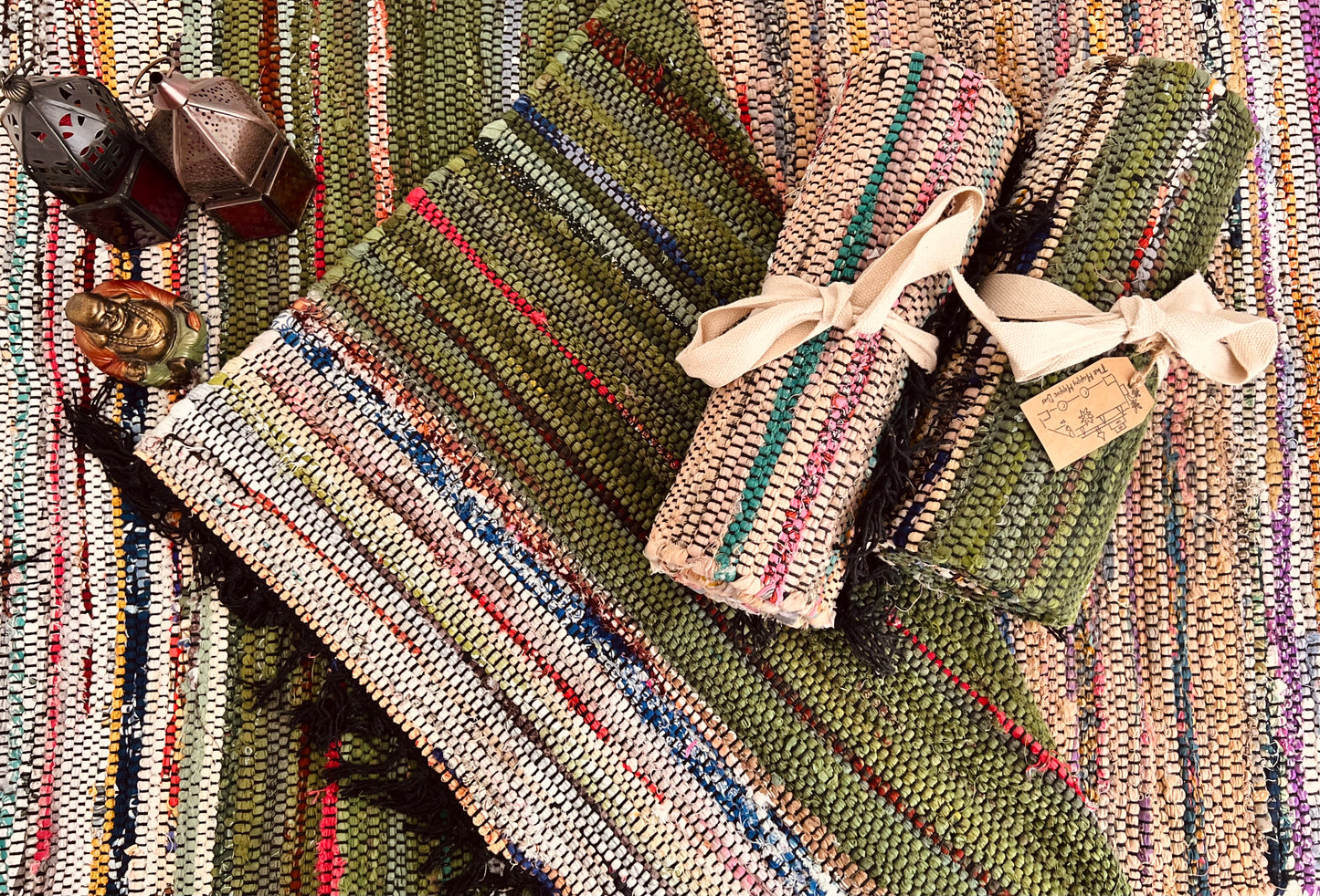 Handmade Fair Trade Ethically Sourced Bohemian Green Natural Rag Rug Tassels Runner Mat