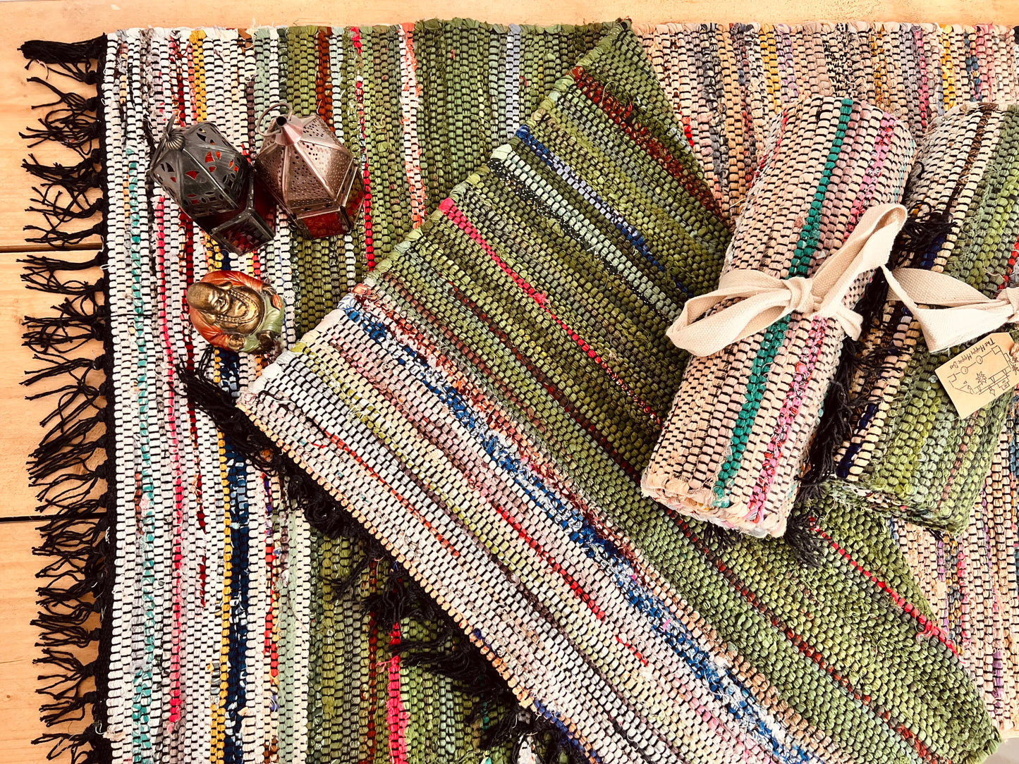 Handmade Fair Trade Ethically Sourced Bohemian Green Natural Rag Rug Tassels Runner Mat