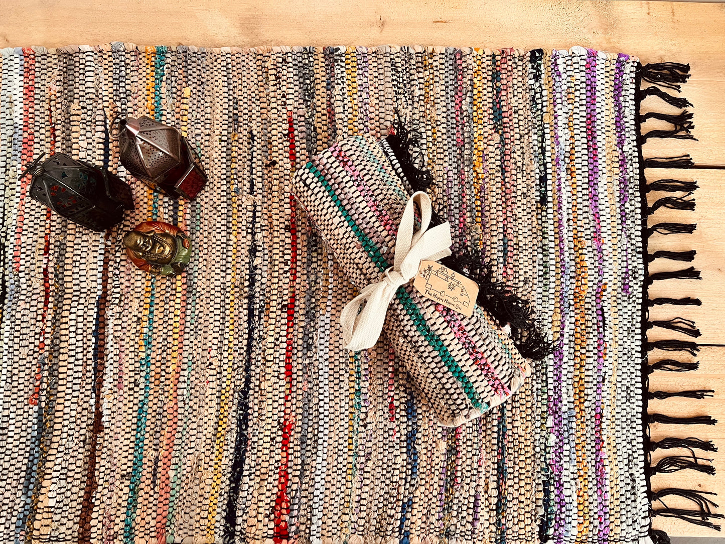 Handmade Fair Trade Ethically Sourced Bohemian Green Natural Rag Rug Tassels Runner Mat