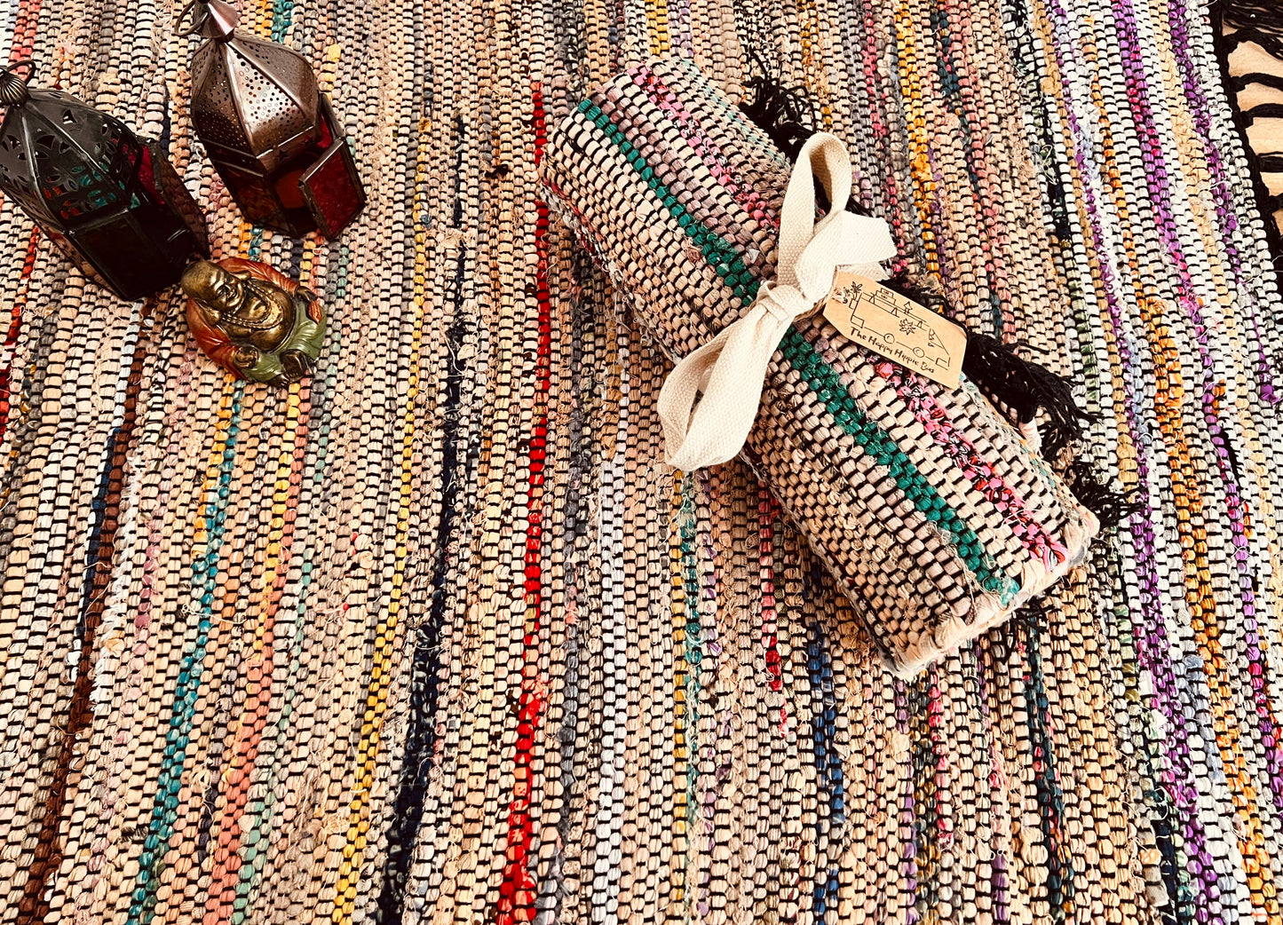 Handmade Fair Trade Ethically Sourced Bohemian Green Natural Rag Rug Tassels Runner Mat