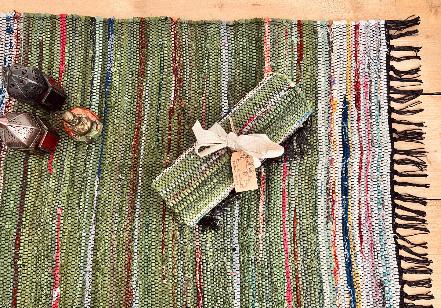 Handmade Fair Trade Ethically Sourced Bohemian Green Natural Rag Rug Tassels Runner Mat