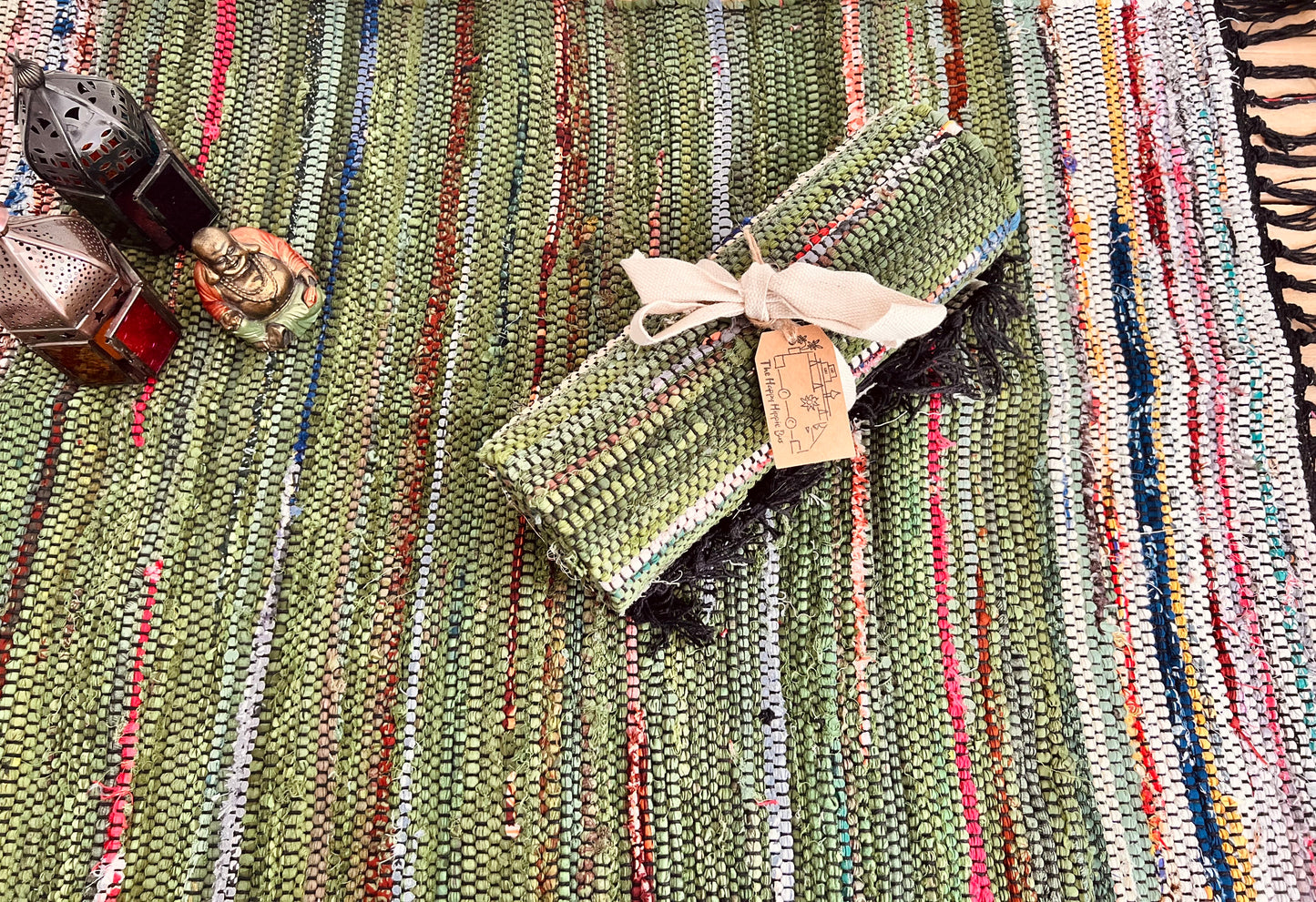 Handmade Fair Trade Ethically Sourced Bohemian Green Natural Rag Rug Tassels Runner Mat
