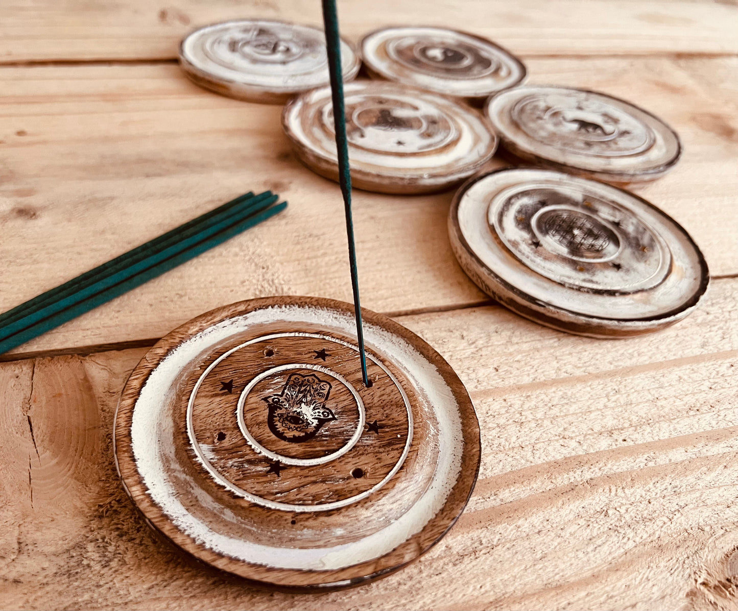 Handmade Fair Trade Ethically Sourced Bohemian Hippie Incense Stick Holder Ash Catcher Mango Wood Round Plate White Brown