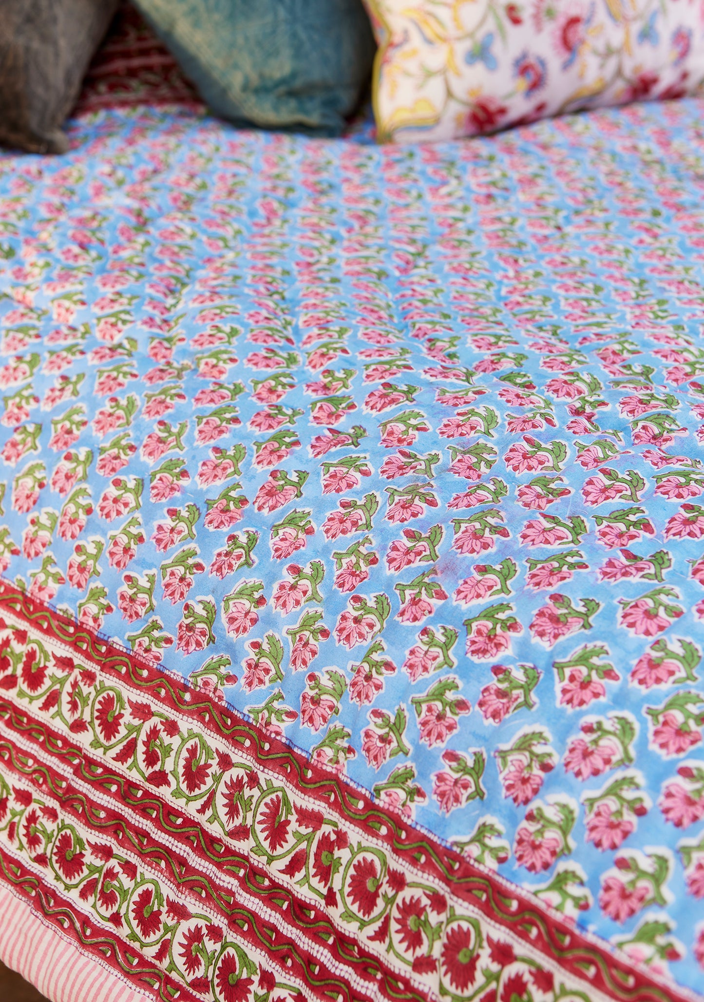 Handmade Fair Trade Bohemian Floral Bedspread Hippie Reversible Blue Red Quilt Throw