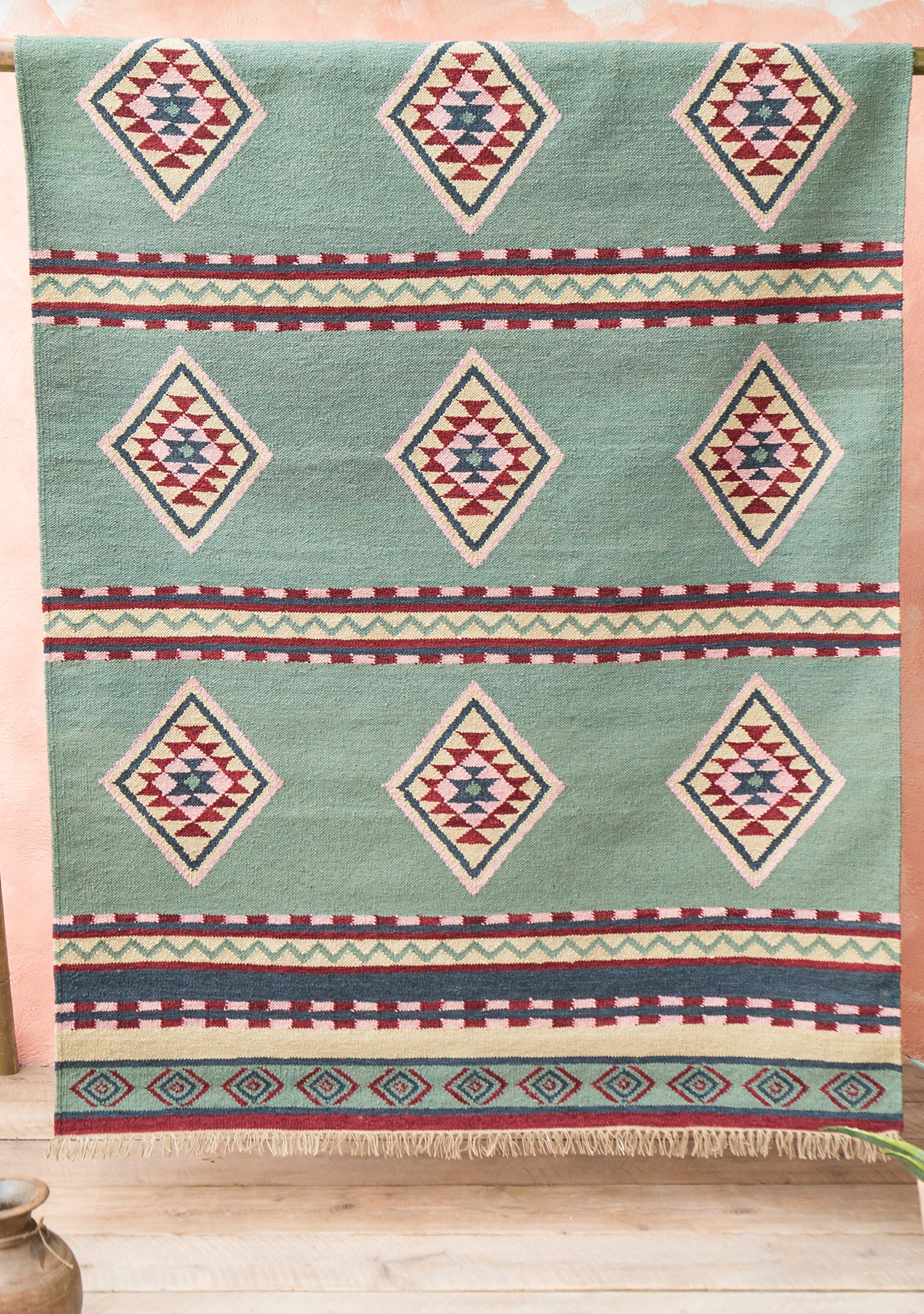 Soft Blue Hand Woven Wool/Cotton Kilim Rug