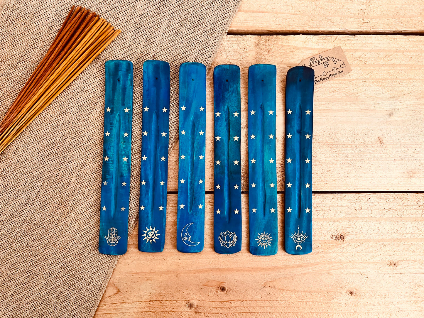 long incense holder ash catcher, incense stick holder burner in dark midnight blue colour with gold printed boho hippie design finish, six designs to choose from, handmade, hand printed ethically sourced wooden incense holder, boho hippie home decor incense