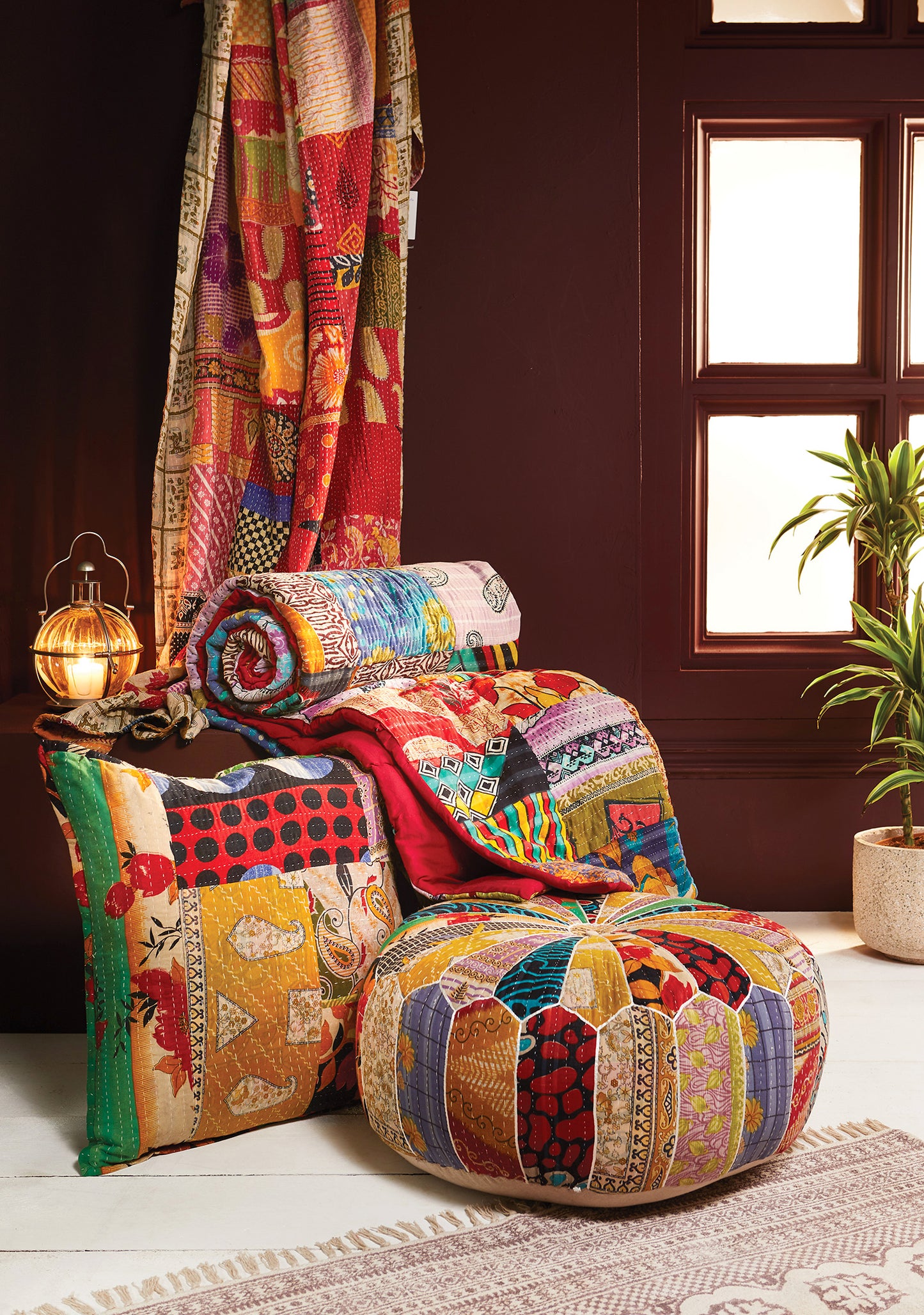 Handmade Fair Trade Ethically Sourced Bohemian Bed Spread Patchwork Footstool