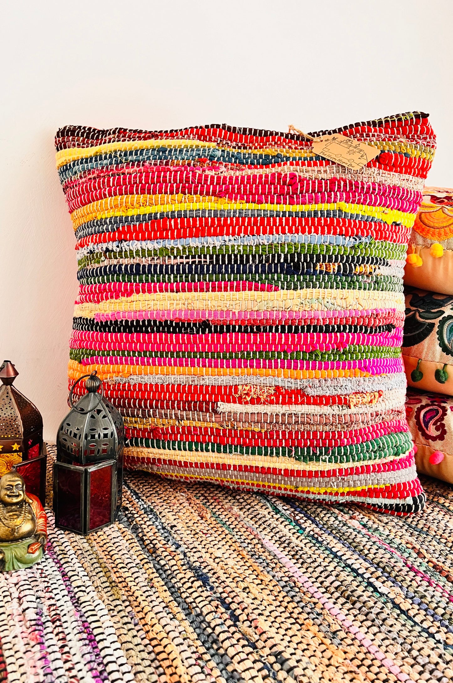 colourful handmade rag rug cushion cover fair trade