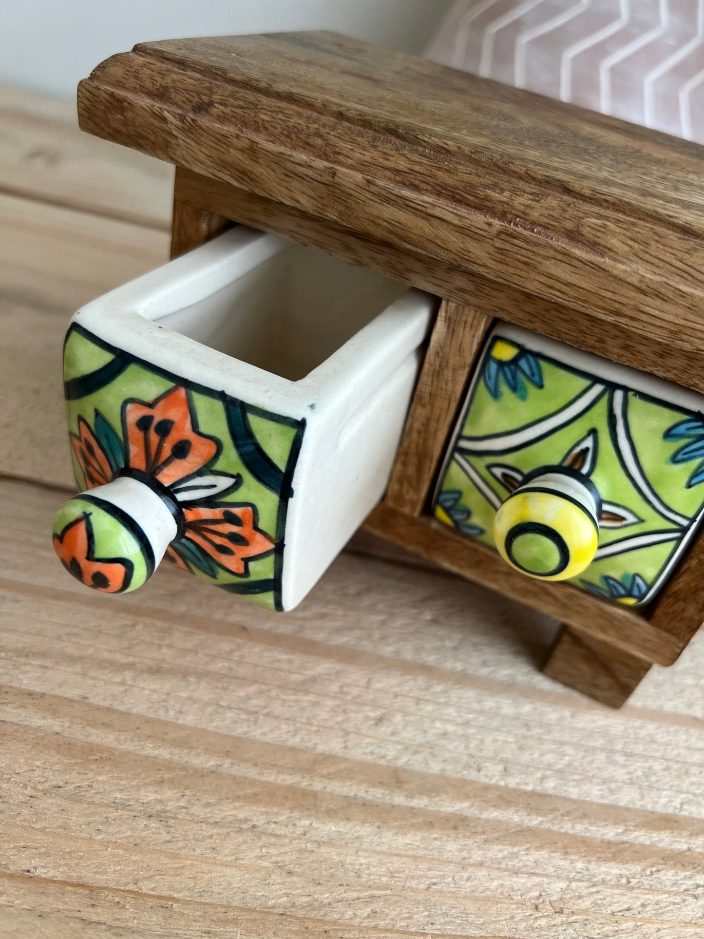 Handmade Fair Trade Ceramic two drawer chest Jewellery Box Small Storage Mango Wood Bohemian Hippie Decor