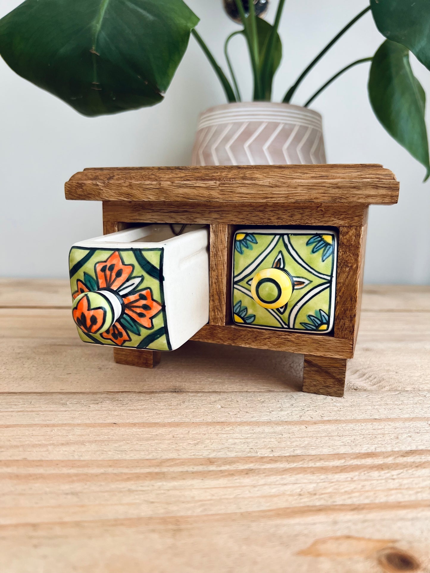 Handmade Fair Trade Ceramic two drawer chest Jewellery Box Small Storage Mango Wood Bohemian Hippie Decor