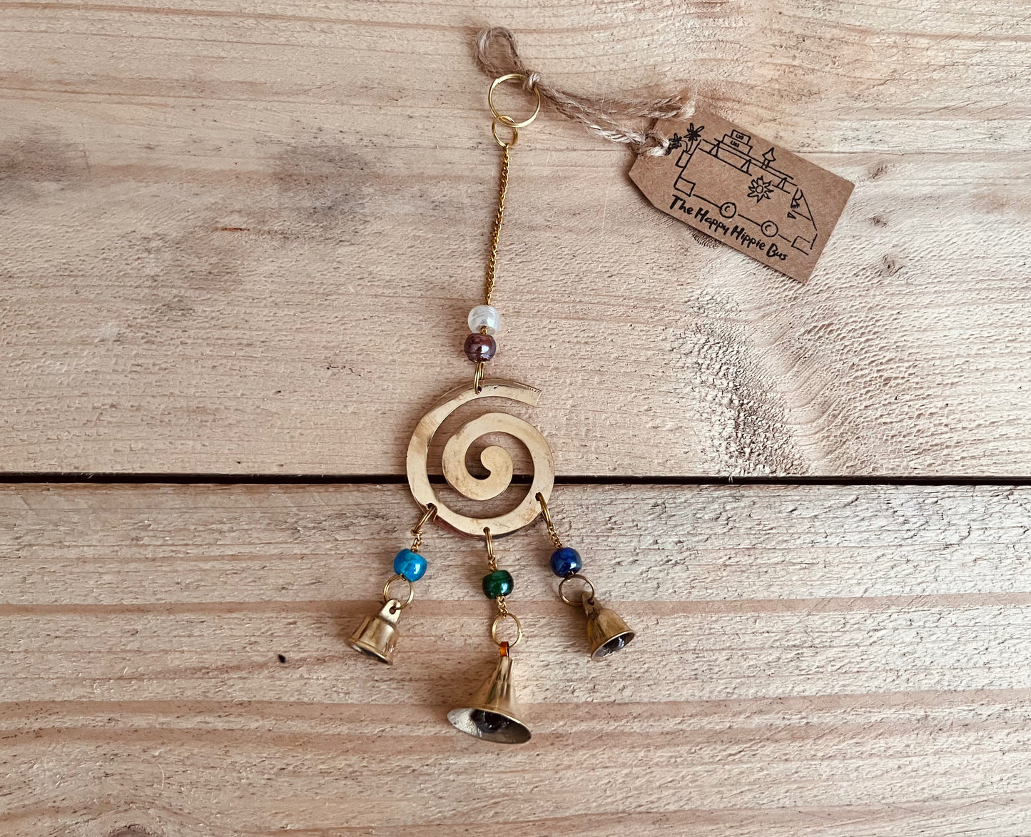 Handmade Fair Trade Ethically Sourced Recycled Brass Swirl Bell Bohemian Hippie Wind Chime With Glass Beads