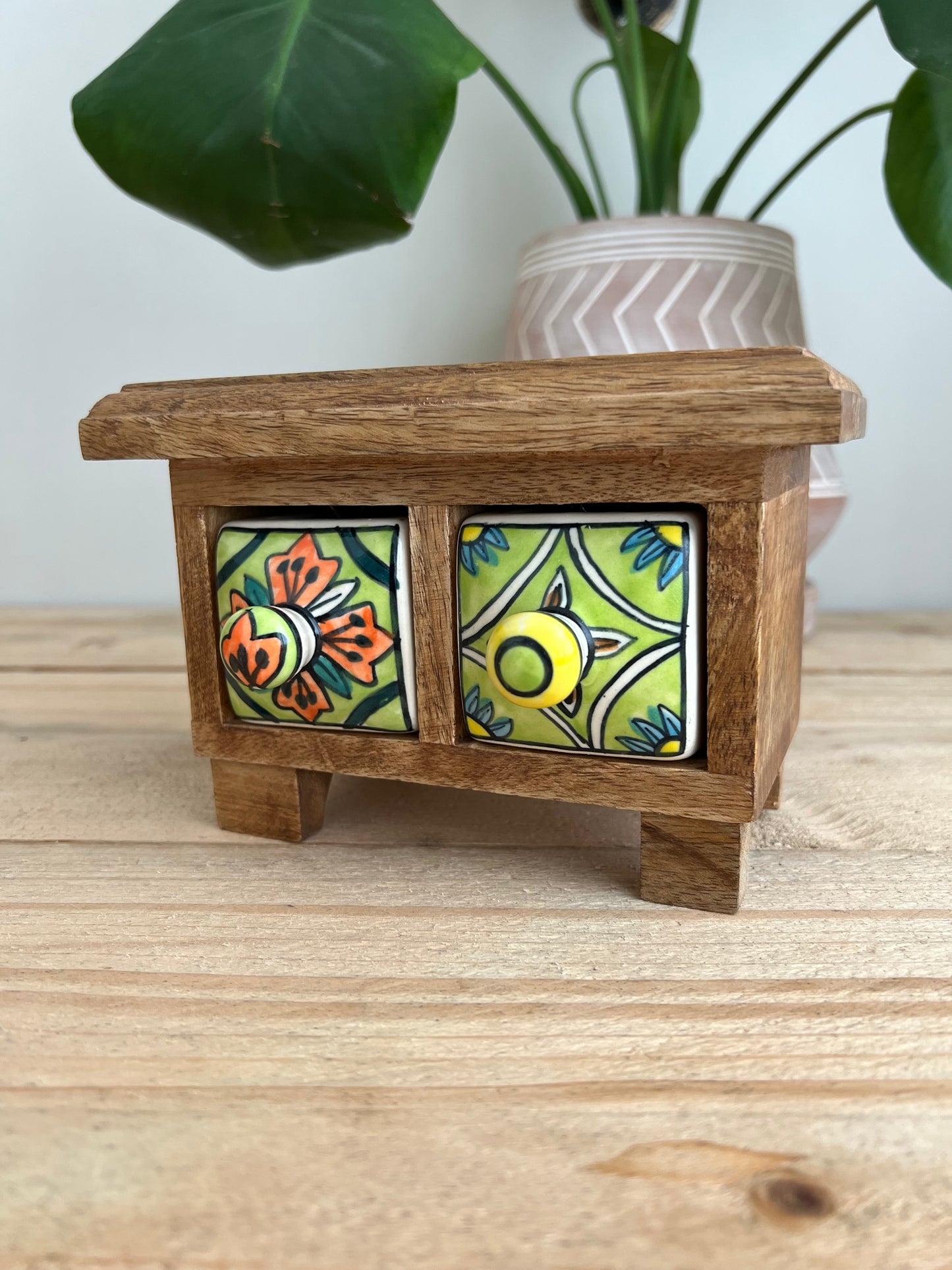 Handmade Fair Trade Ceramic two drawer chest Jewellery Box Small Storage Mango Wood Bohemian Hippie Decor
