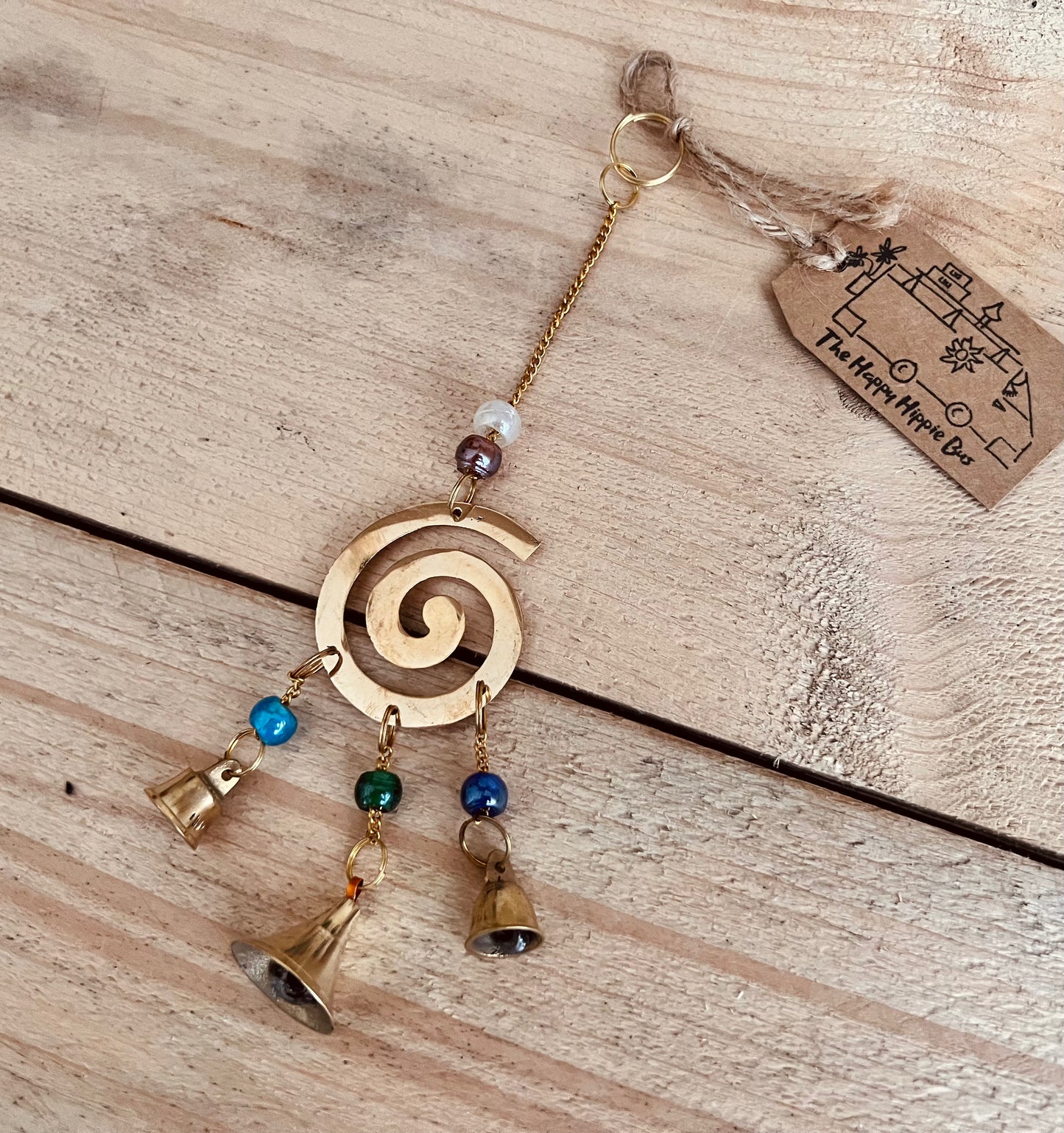 Handmade Fair Trade Ethically Sourced Recycled Brass Swirl Bell Bohemian Hippie Wind Chime With Glass Beads