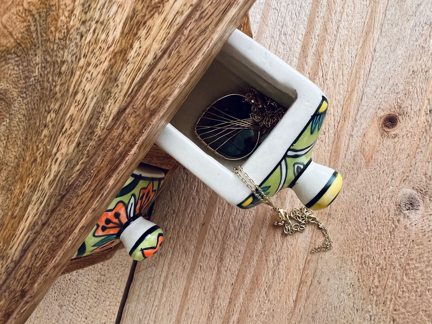 Handmade Fair Trade Ceramic two drawer chest Jewellery Box Small Storage Mango Wood Bohemian Hippie Decor
