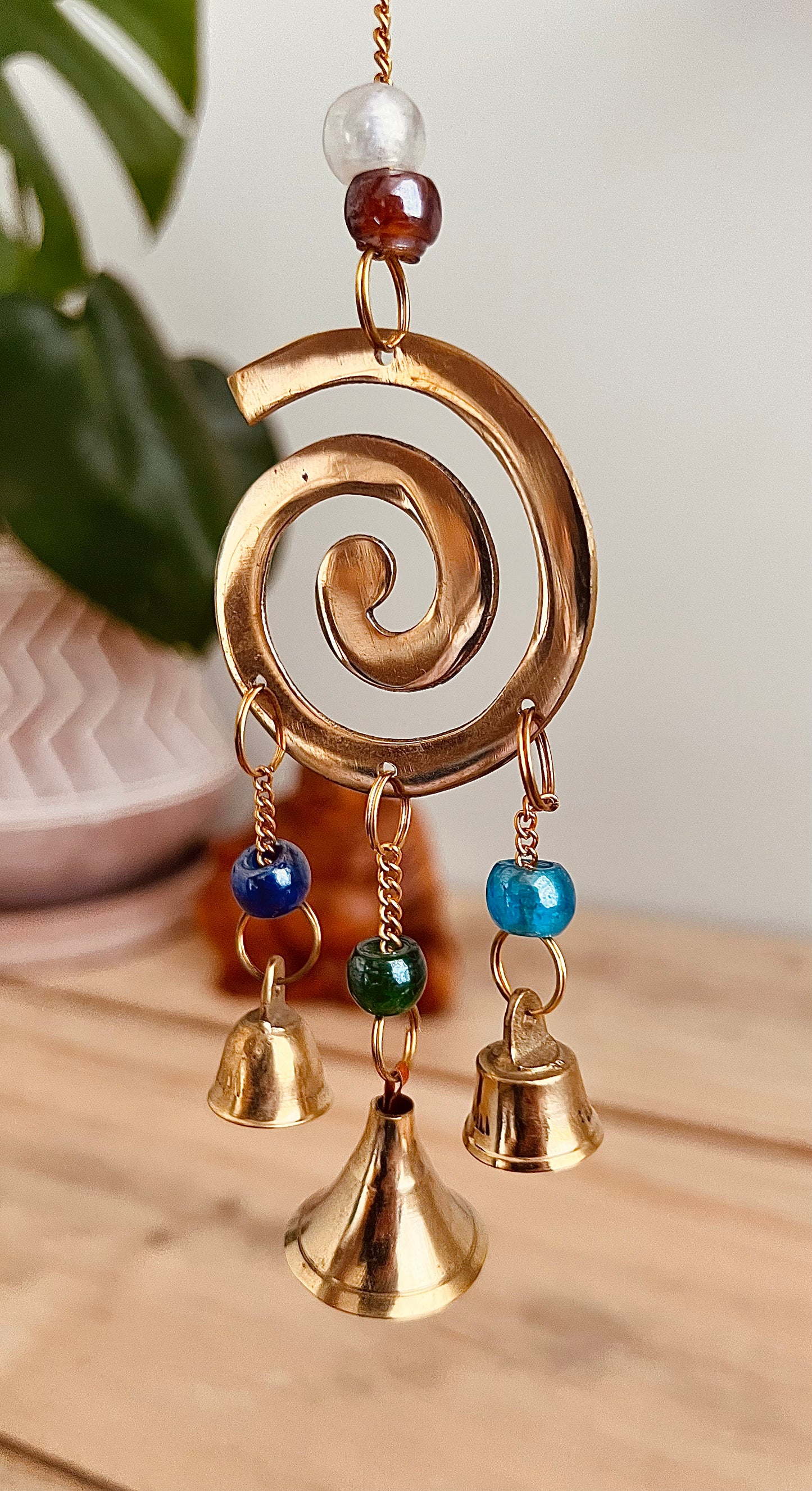Handmade Fair Trade Ethically Sourced Recycled Brass Swirl Bell Bohemian Hippie Wind Chime With Glass Beads