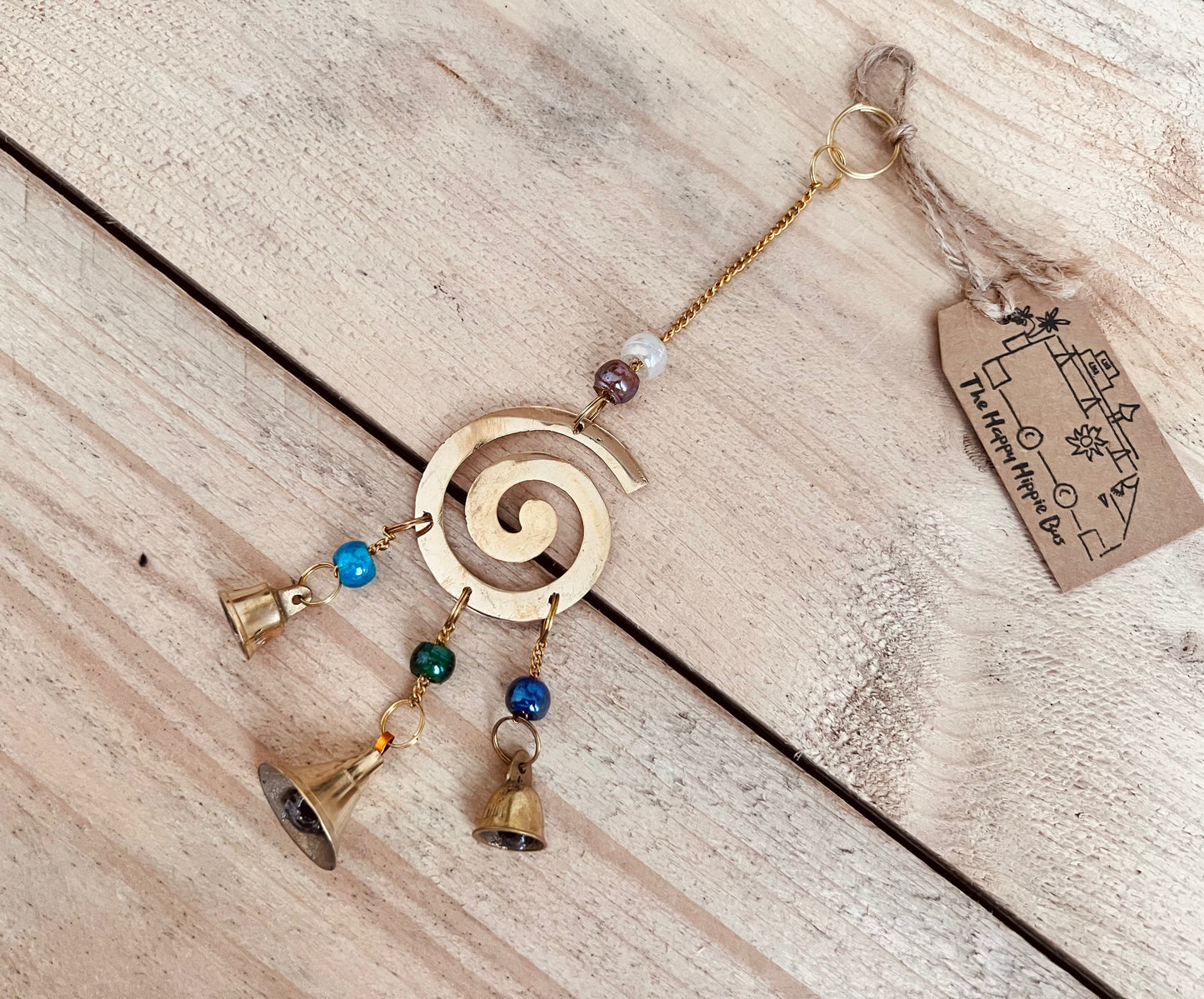 Handmade Fair Trade Ethically Sourced Recycled Brass Swirl Bell Bohemian Hippie Wind Chime With Glass Beads