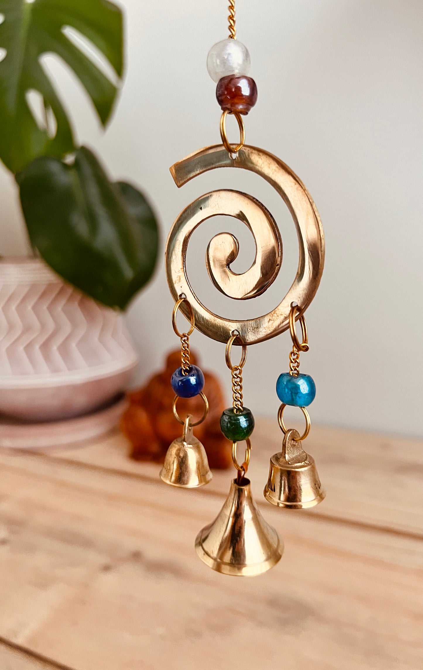 Handmade Fair Trade Ethically Sourced Recycled Brass Swirl Bell Bohemian Hippie Wind Chime With Glass Beads