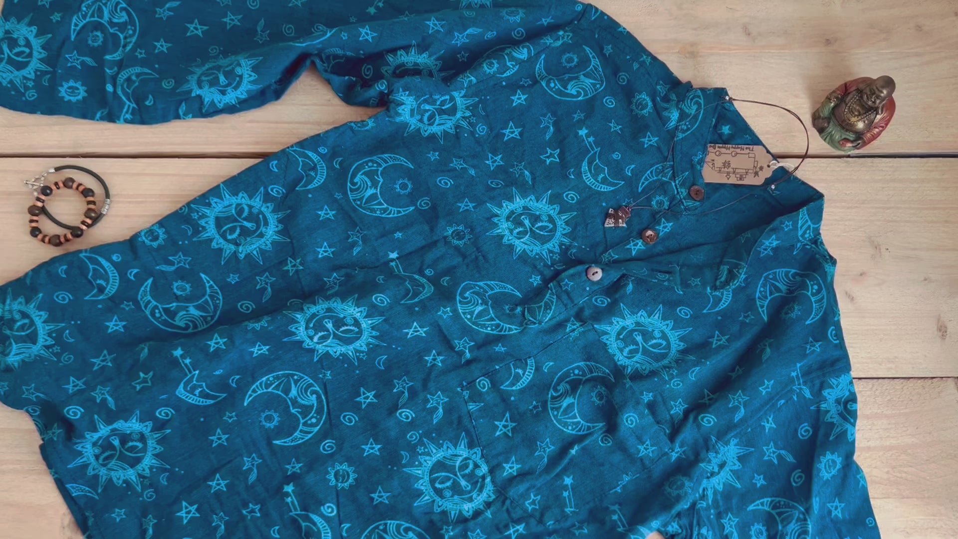 Blue moon sun celestial grandad collar button shirt Handmade fair trade ethically sourced ethical clothing long sleeve shirt 