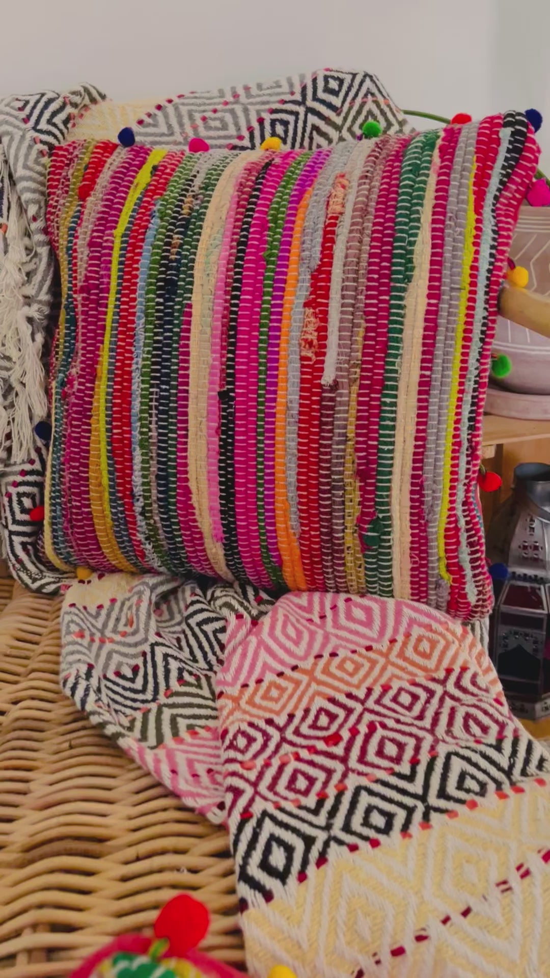 Fair trade handmade Pom Pom rag rug cushion 