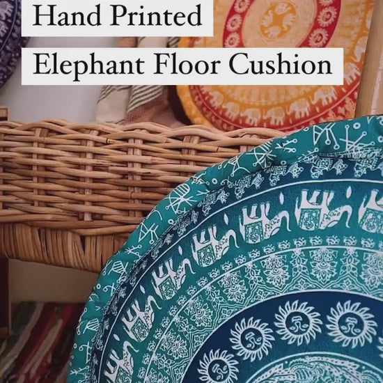 Handmade, Fair Trade, Large Yoga, Floor Cushion, Mandala Elephant Print.
