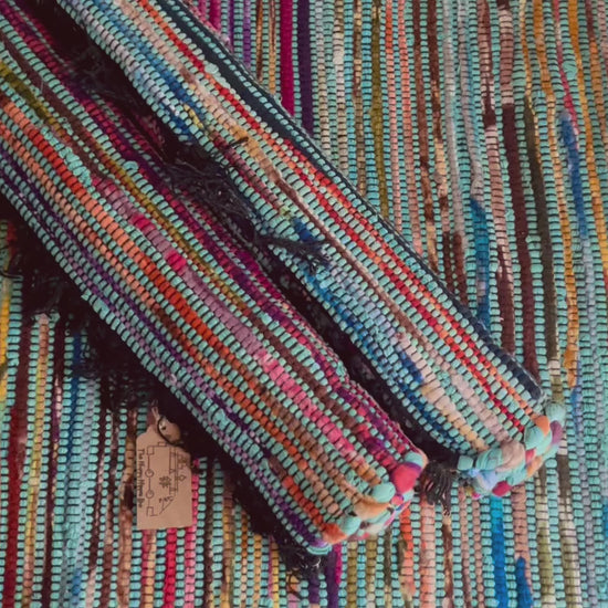 Turquoise blue small handmade fair trade Chindi rag rug 