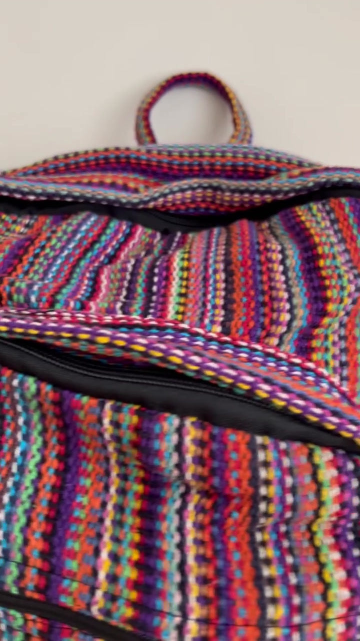 Handmade Fair Trade Bohemian Rainbow Stripe Backpack, Large Pockets, Rescue Nepal, Festival, Beach, Travel Bag Hippie Bohemian Style