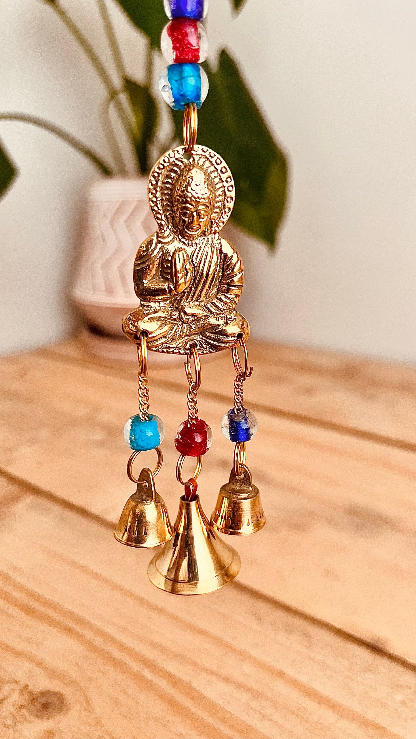 Handmade Fair Trade Recycled Brass Sitting Buddha Hanging Bell Mini With Glass Beads Hanging Bells