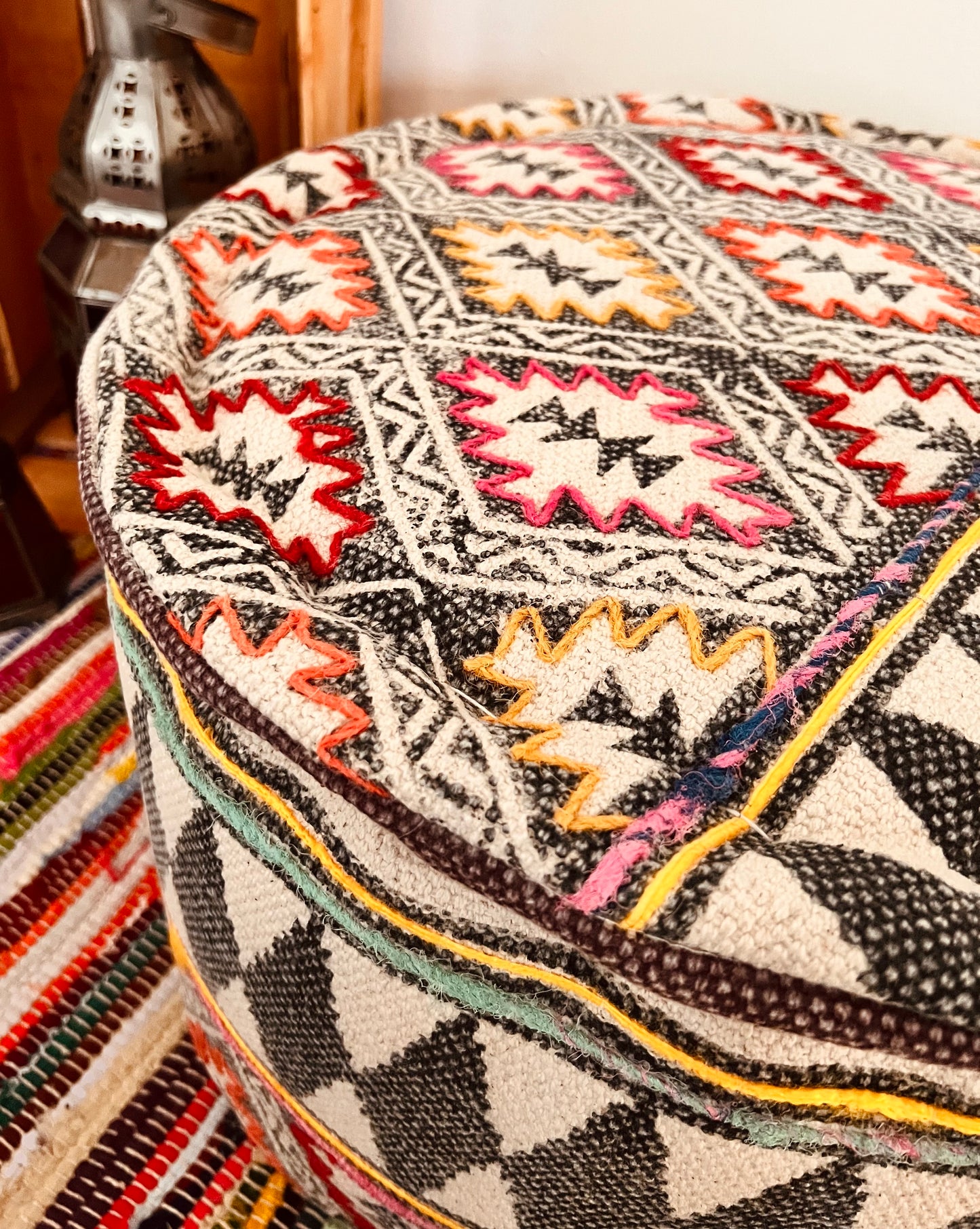 handmade large round footstool pouffe in tribal boho design