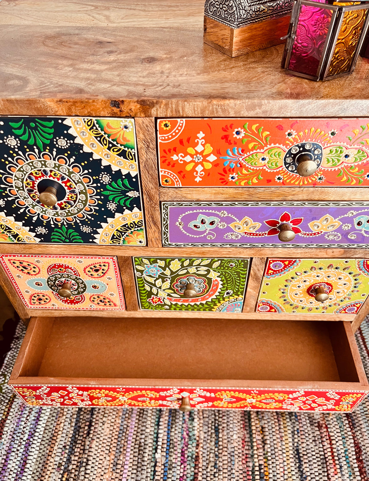 Hand Painted Bohemian 9 Drawer Cabinet Chest - Bedroom Living Room Decor