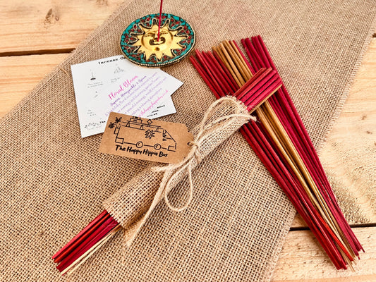 Handmade Fair Trade Ethically Sourced Natural Incense Sticks Boho Joss Sticks Summer Scents Jasmine Honeysuckle Midnight Rose Hand Rolled Non Toxic Plastic Free Hessian Wrapped Gift