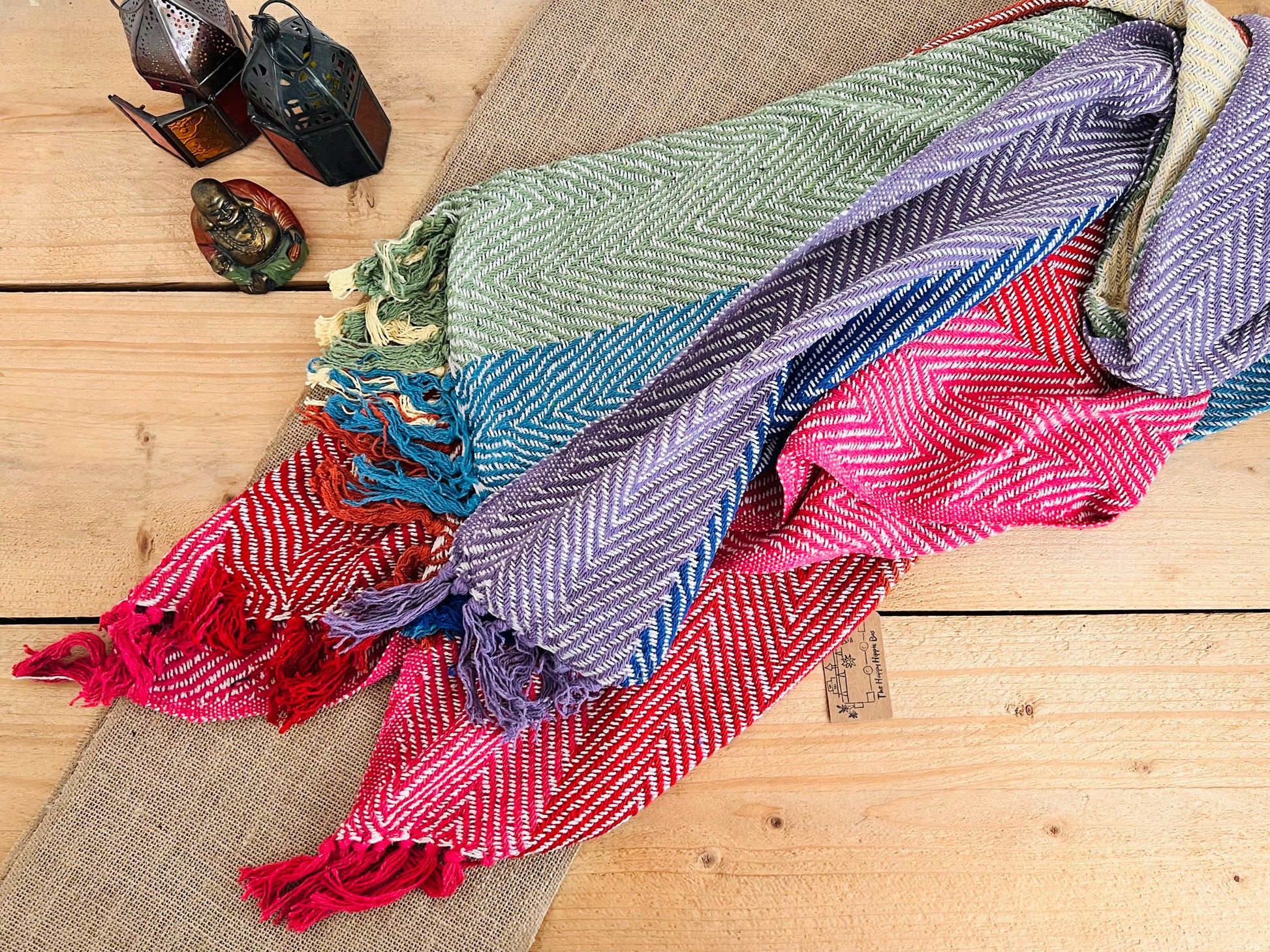 Herringbone weave handmade rainbow stripe throw blanket, colourful rainbow colour stripes with colourful tassel edge, boho hippie bohemian decor blanket throw, fair trade & ethically sourced