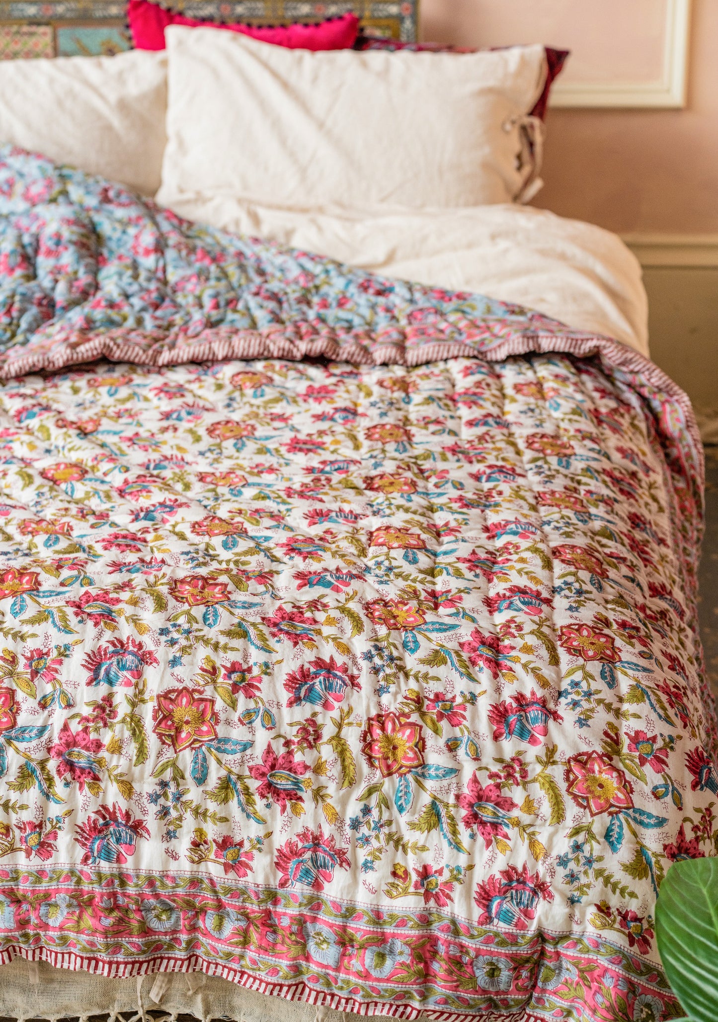 Vintage Rose Block Print Bedspread