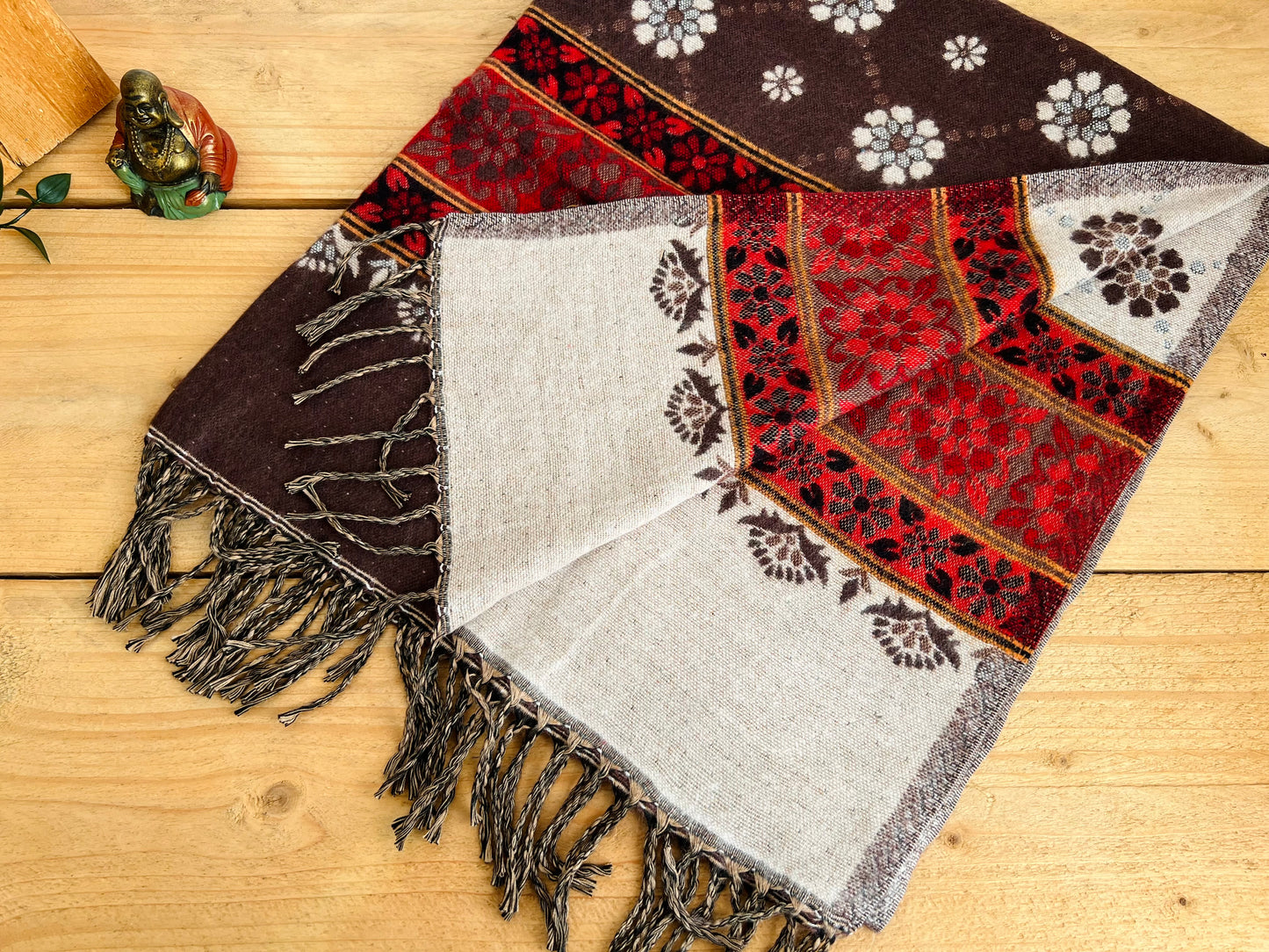 Handwoven Brown & Red Boho Throw Blanket – Recycled Cotton