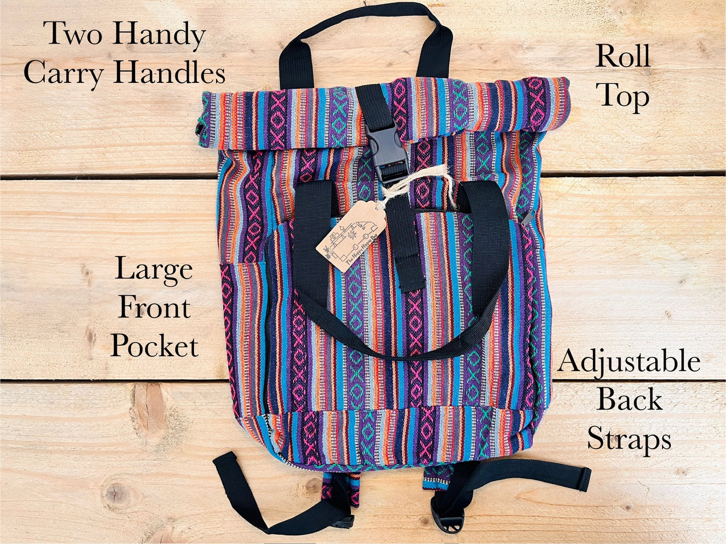 Roll Top Boho Strip Backpack