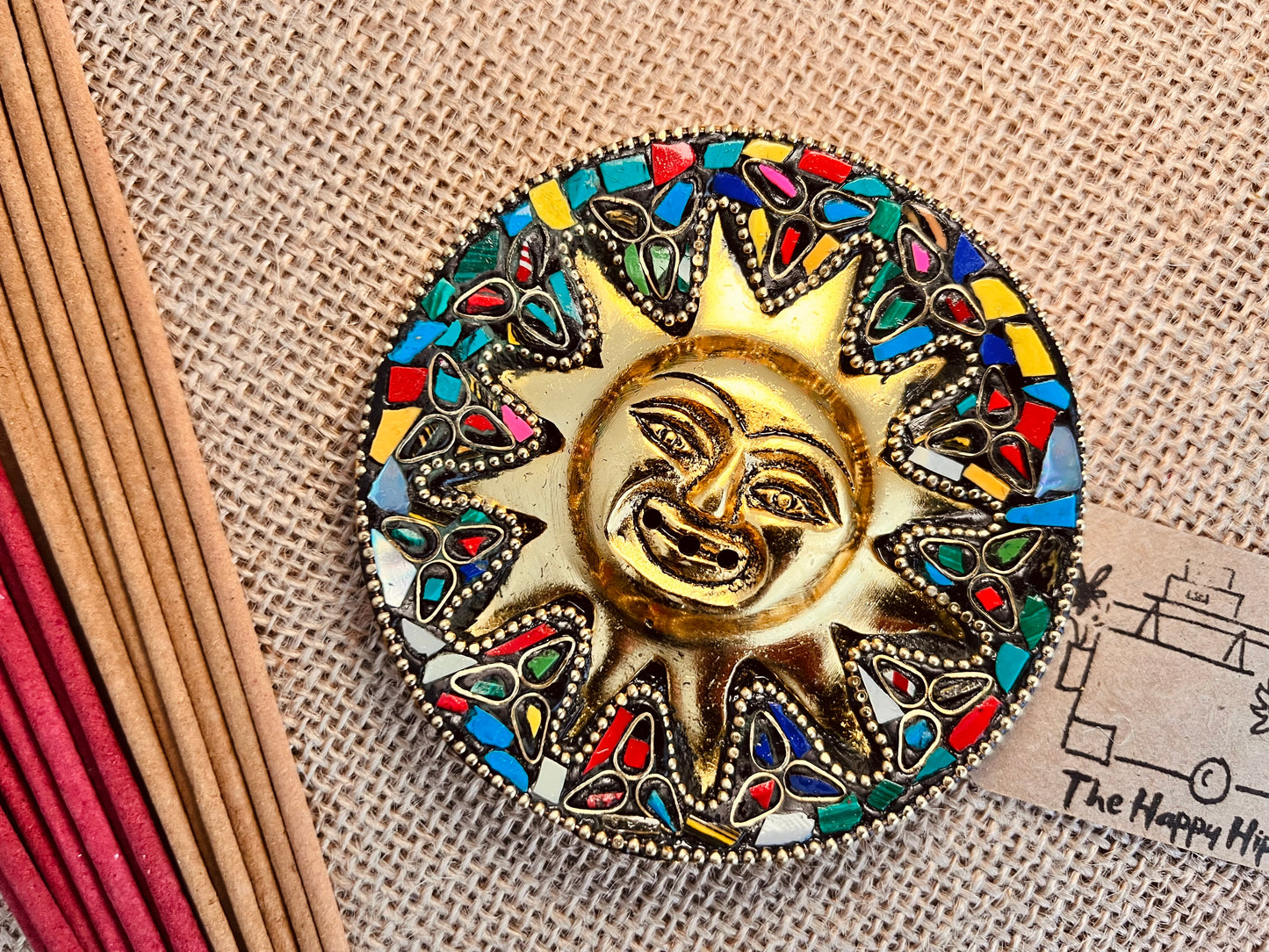 Smiling Gold Sun Incense Stick Holder Ash Catcher