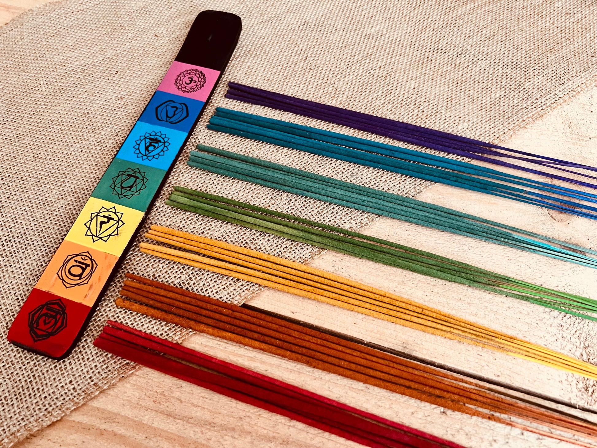 Handmade Fair Trade Chakra Design Mango Wood Incense Holder & Rainbow Incense Sticks Gift Set