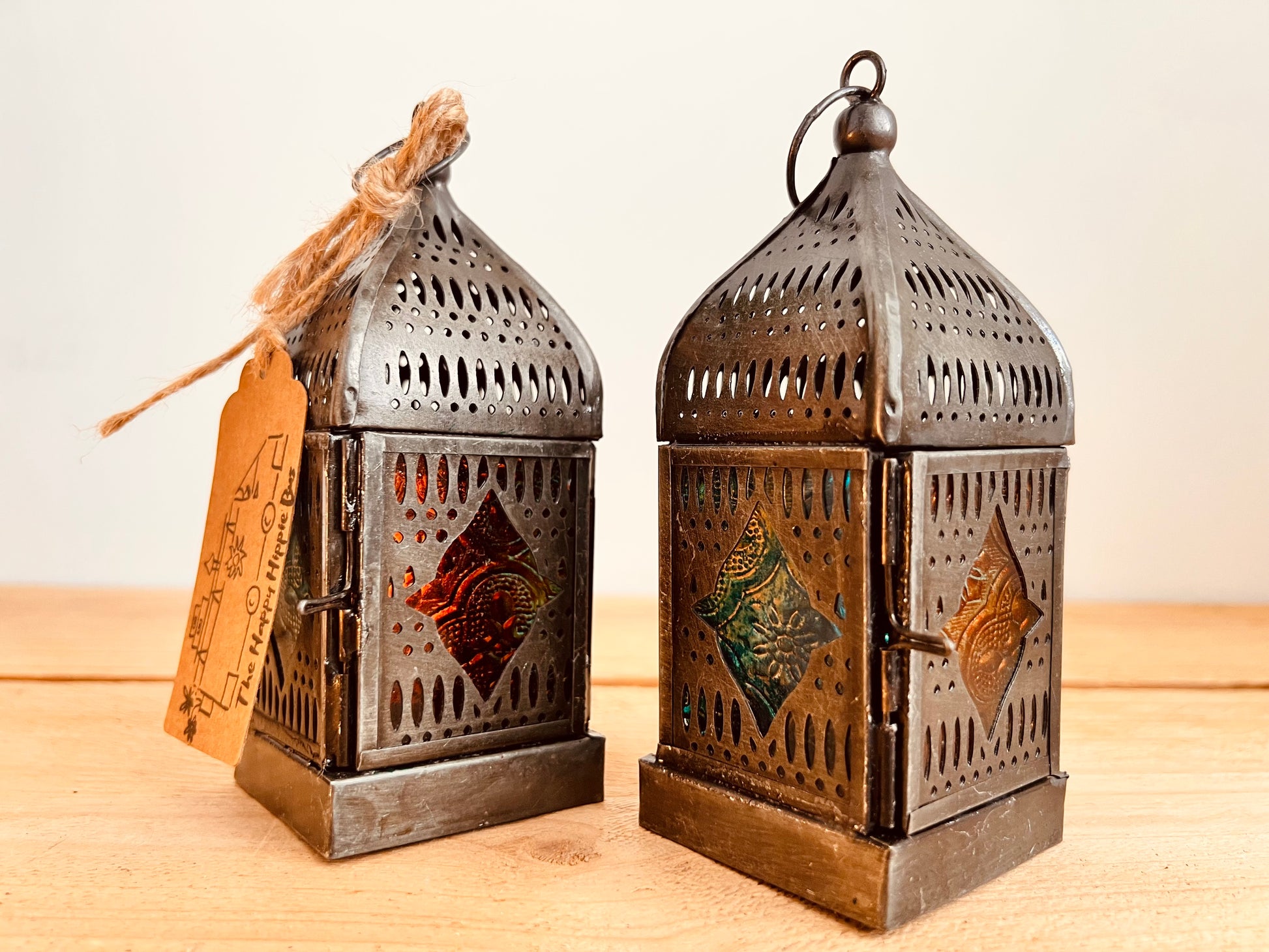 Handmade Faire Trade Ethically Sourced Bohemian Hippie Moroccan Style Lantern Silver Orange Blue T Light Holder Mini Gift Hanging Decor Unique Recycled Metal Eco Plastic Free