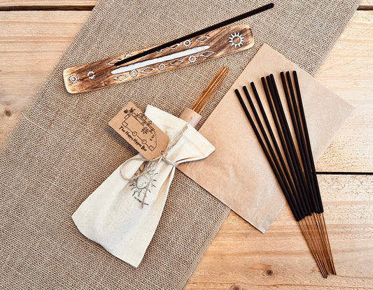 Cedarwood & Spice hand dipped, handmade incense sticks, premium fair trade UK made incense, eco friendly cotton pouch and Kraft paper packaging 