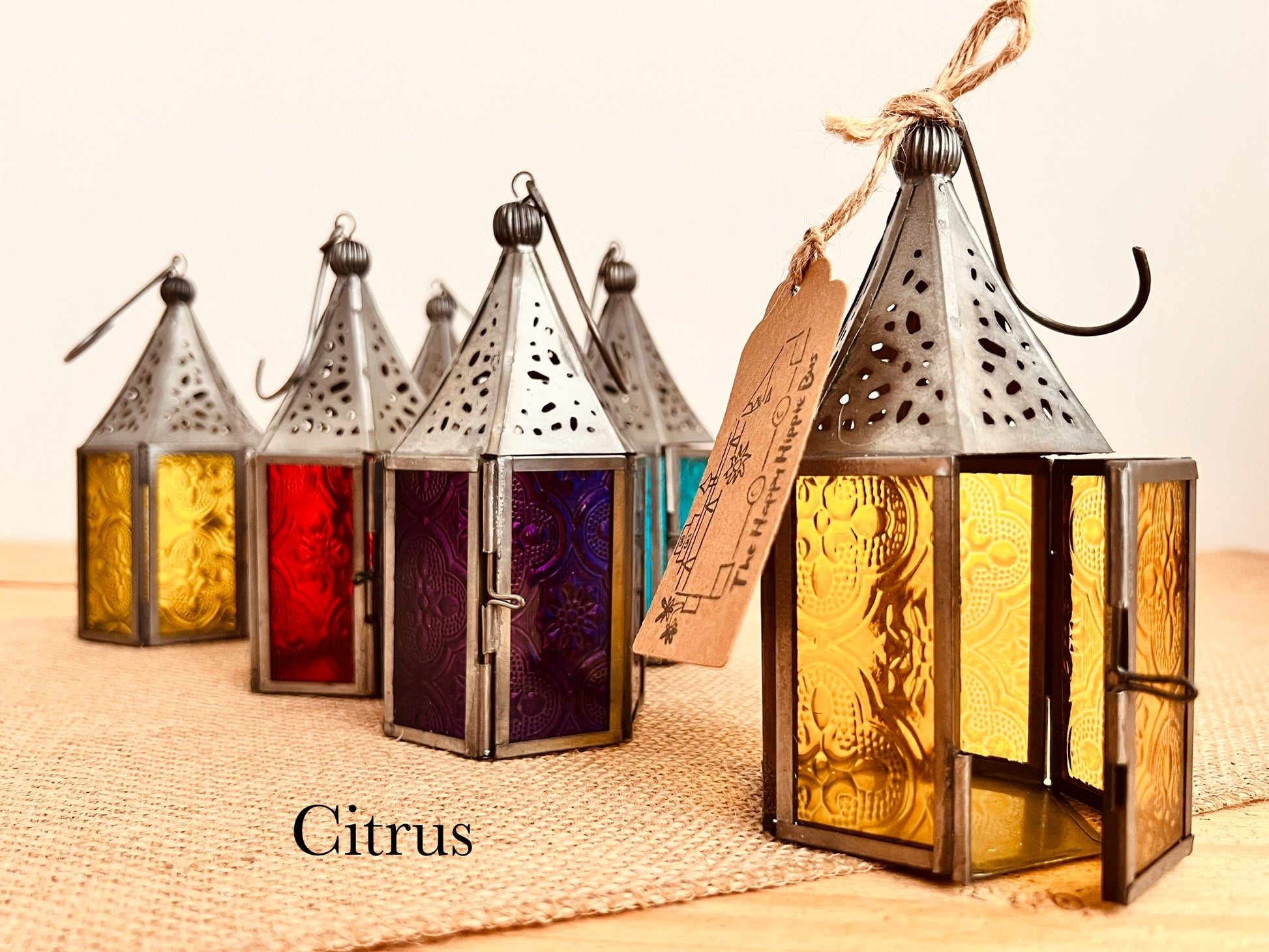 Handmade Fair Trade Ethically Sourced Recycled Metal Glads Lantern Moroccan Style T Light Holder Small Colourful Boho Hippie Decor Orange Purple Green Blue Purple Yellow Pink Red Silver Mini Lantern 