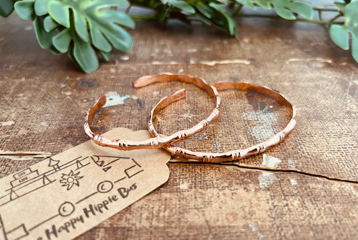 Handcrafted Solid Copper Slim Cuff Bracelet - Bamboo Style Design