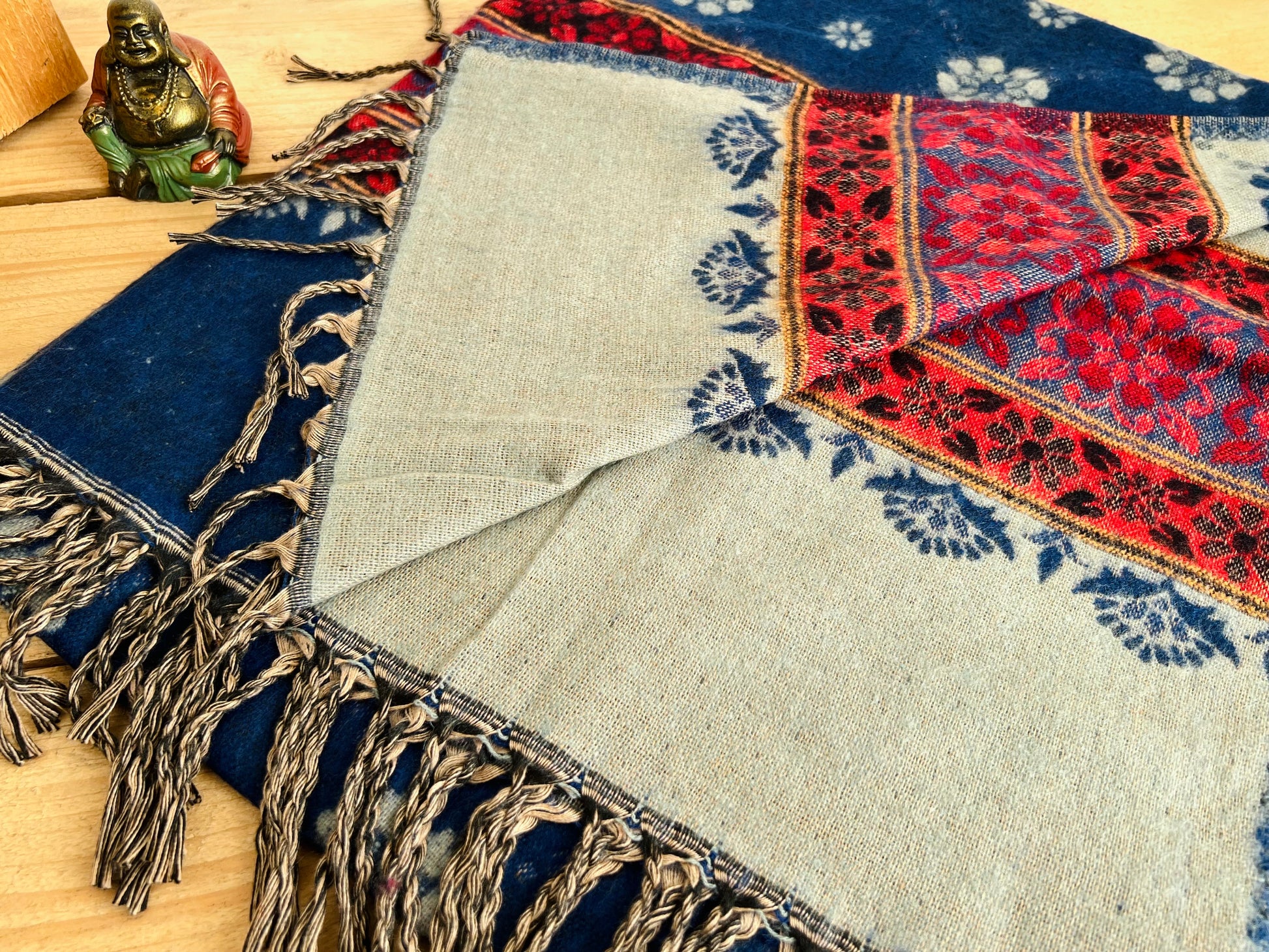 Colorful woven fabric with fringes dark blue bohemian blanket 