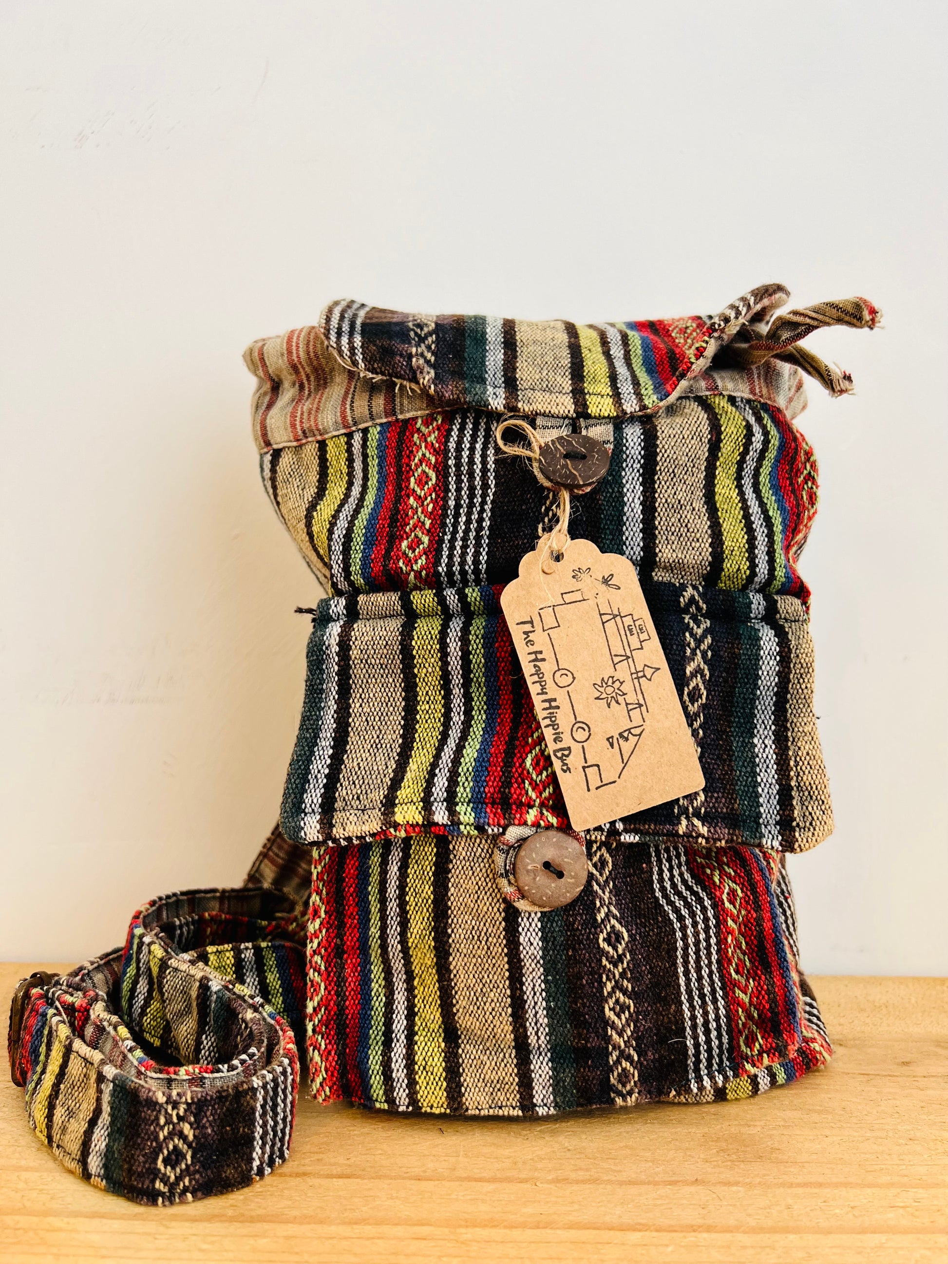 Handmade Fair Trade Recycled Cotton Mini Backpack Hippie Bohemian Style Travel Festival Holiday Red Stripe Black 