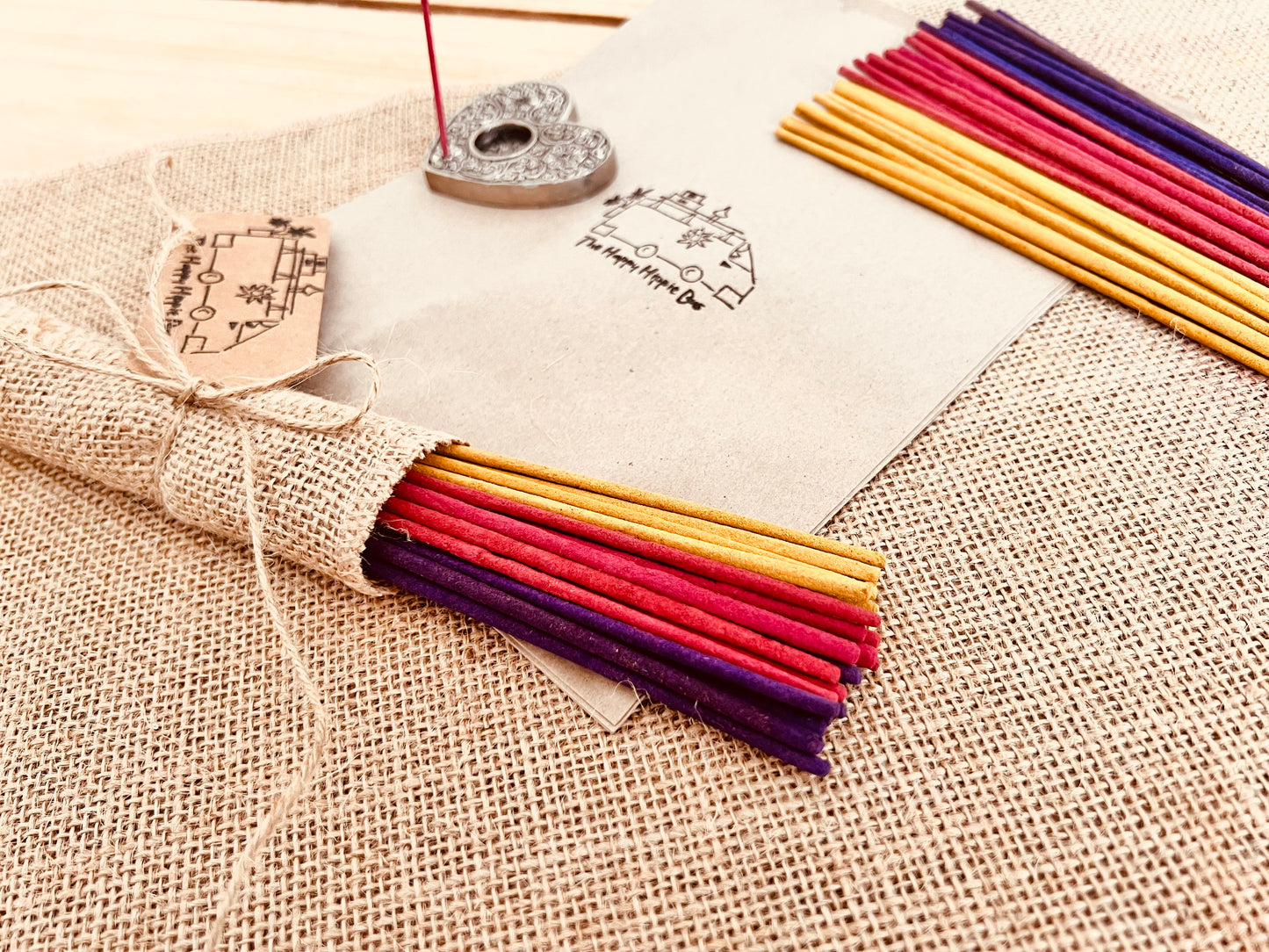 30 Vibrantly colourful summer mix incense sticks, handmade plastic free eco friendly environmentally conscious sustainable incense sticks for home in the summer time, yellow, Purple, pink incense sticks wrapped in hessian burlap wrap, fair trade and ethically sourced summer home fragrance incense