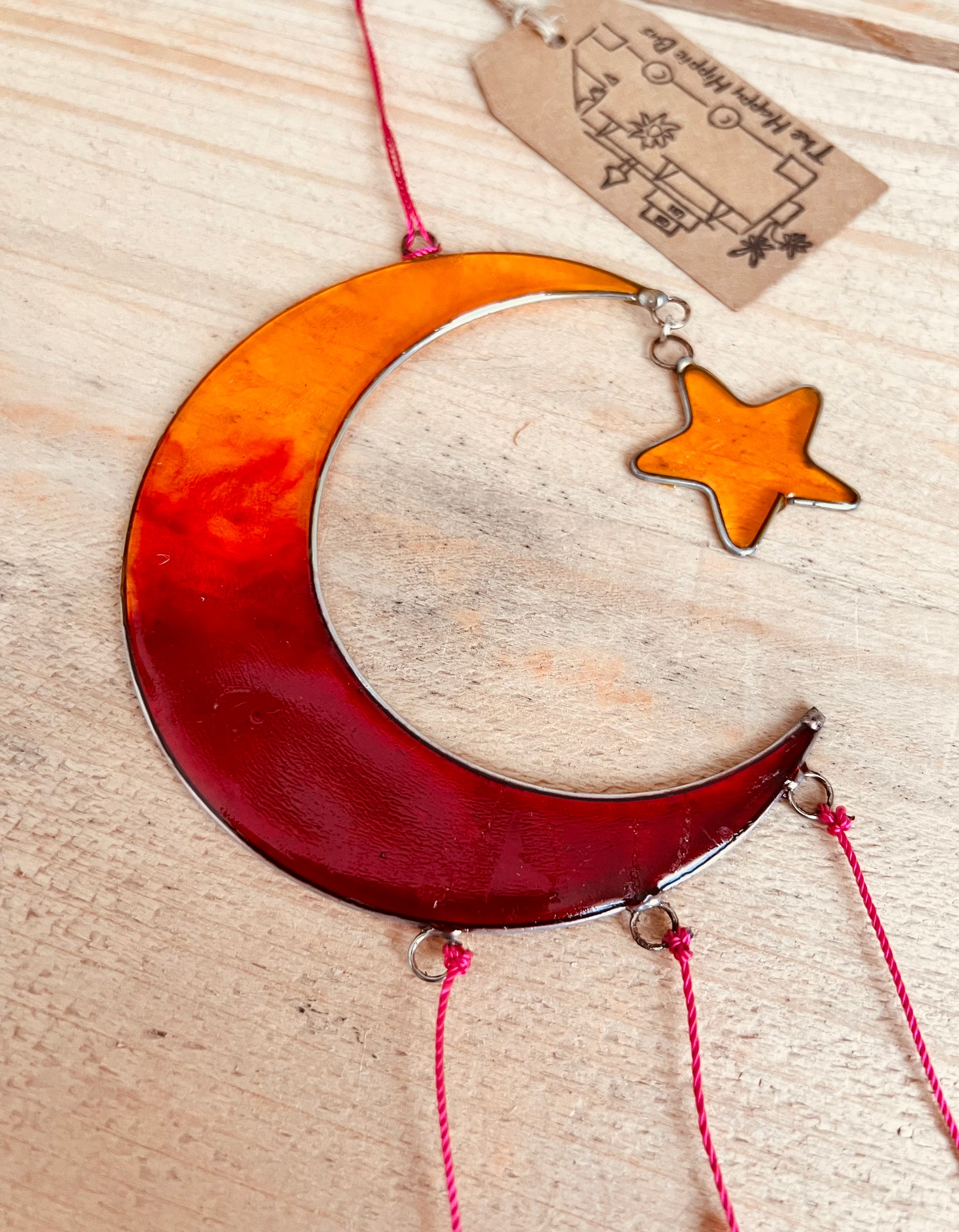 Handmade Fair Trade Crescent Moon & Star Orange & Yellow Sun catcher Boho & Hippie Window Decor  