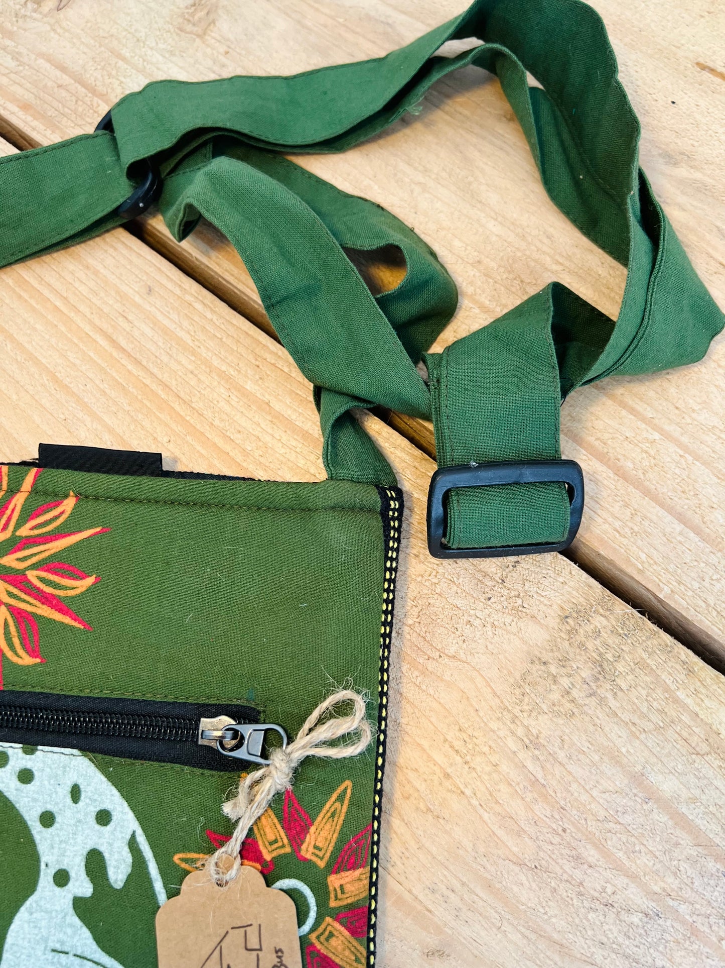 Handmade Forest Green Nepalese Cotton Moon Print Passport Crossbody Bag