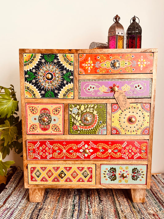 Hand Painted Bohemian 9 Drawer Cabinet Chest - Bedroom Living Room Decor