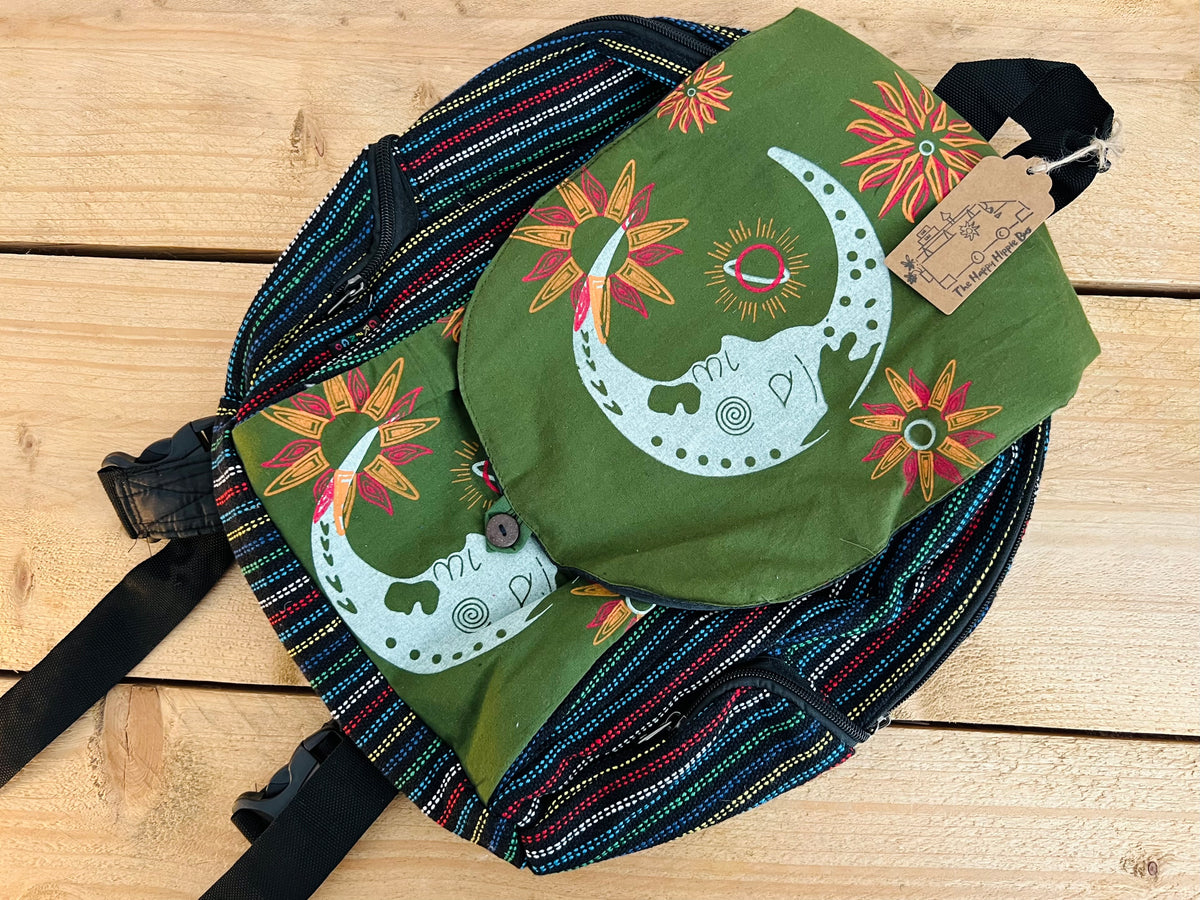 Crescent Moon Hand Printed Backpack Midnight Blue & Earth Green
