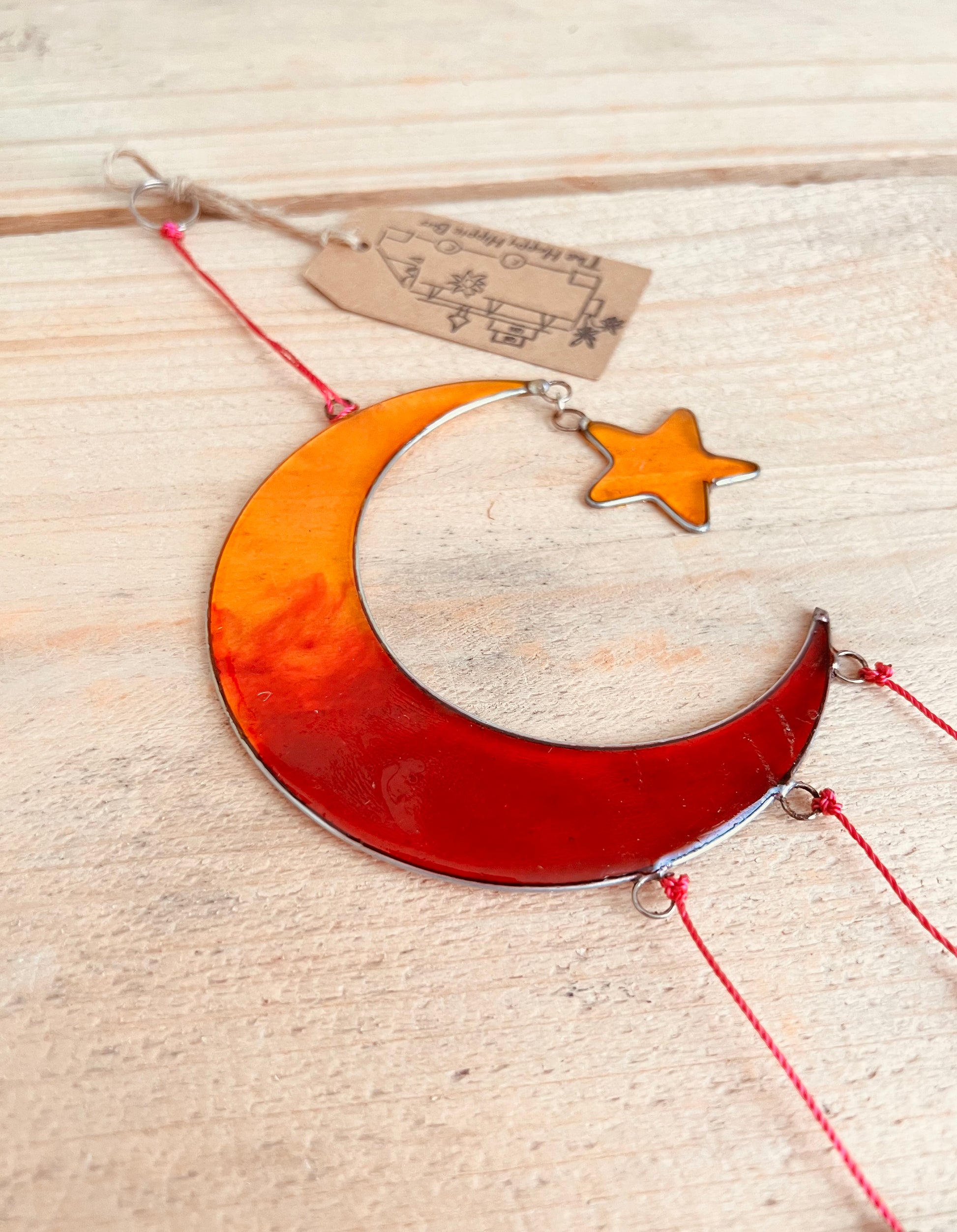 Handmade Fair Trade Crescent Moon & Star Orange & Yellow Sun catcher Boho & Hippie Window Decor  